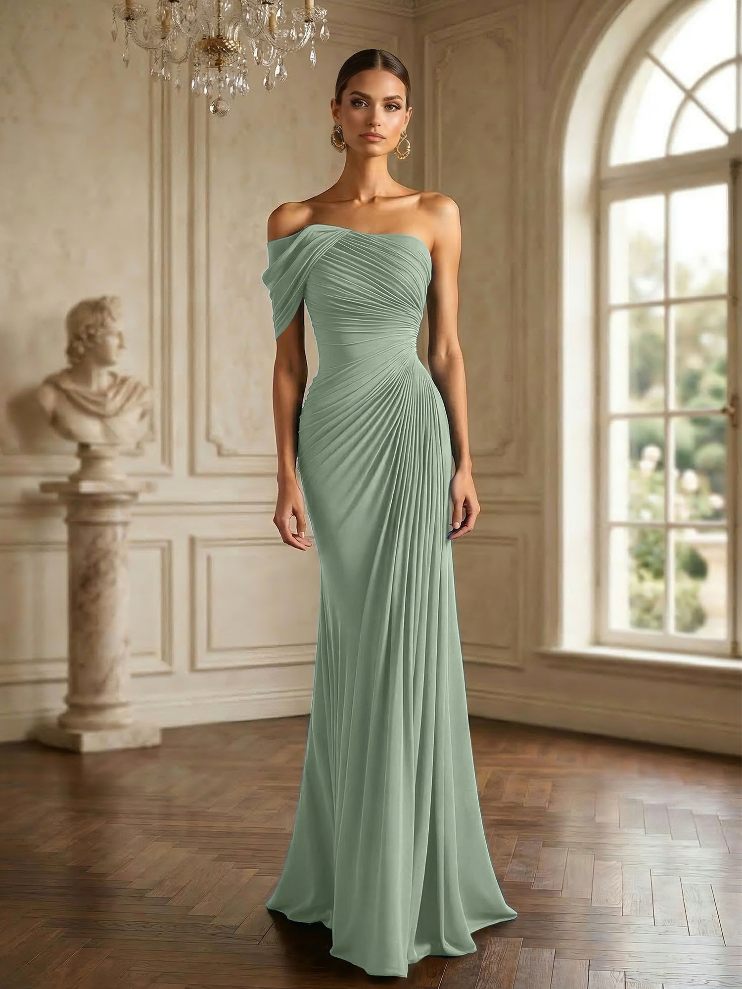 One Shoulder Pleat Mermaid Chiffon Evening Dresses for Women Gown