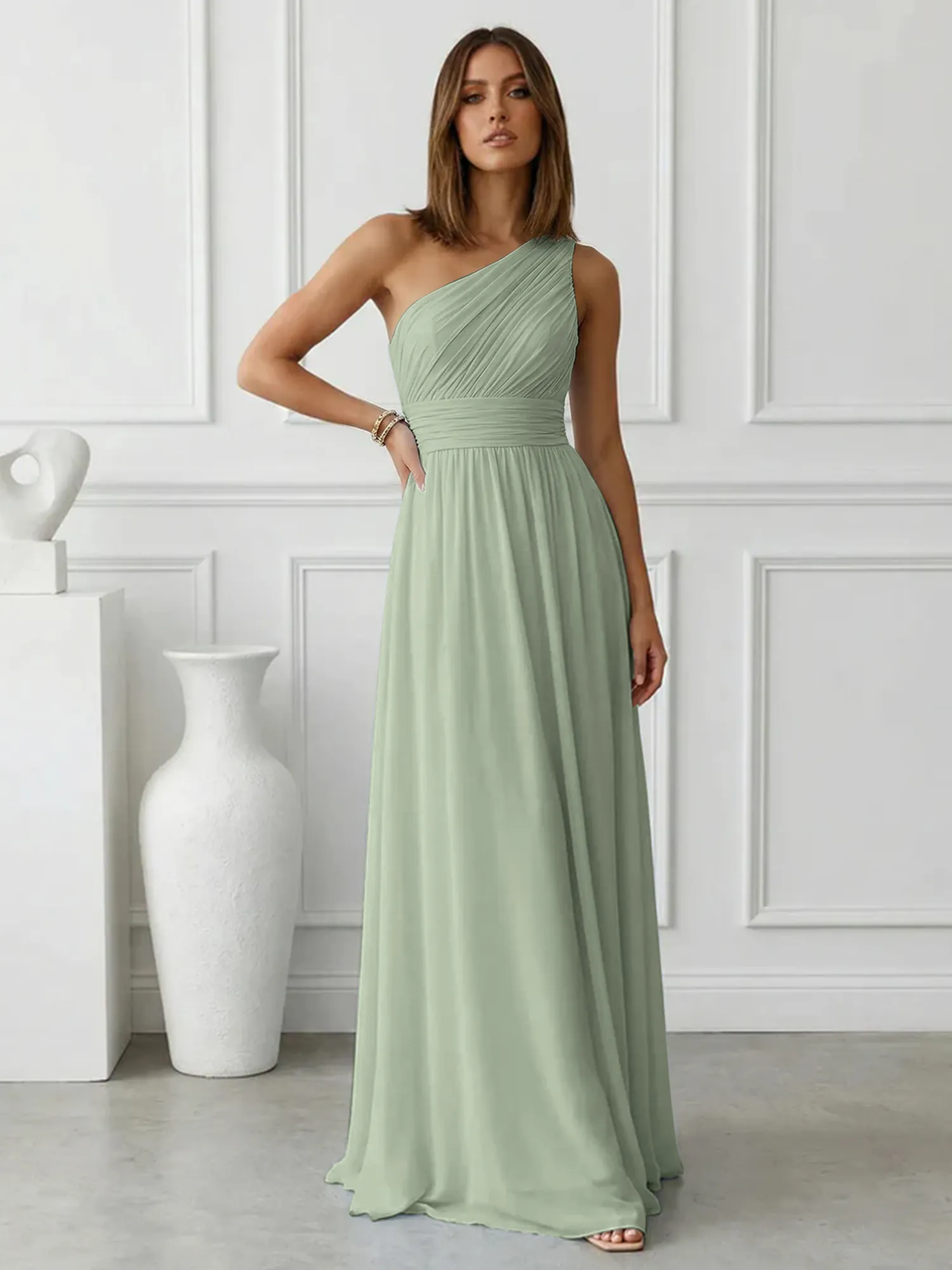 One-Shoulder Pleated Chiffon A-Line Evening Dress