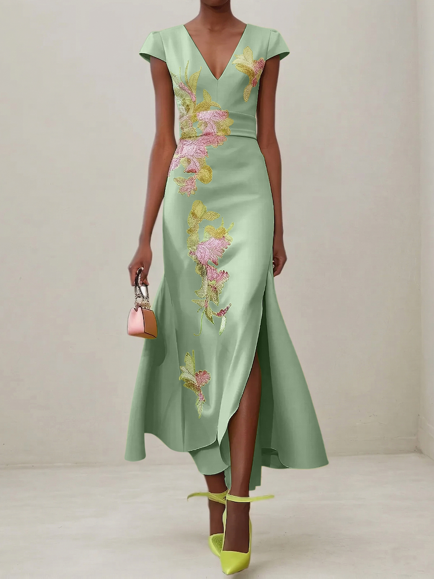 Elegant V-Neck Cap Sleeve Satin Midi Gown with Floral Embroidery & High Slit