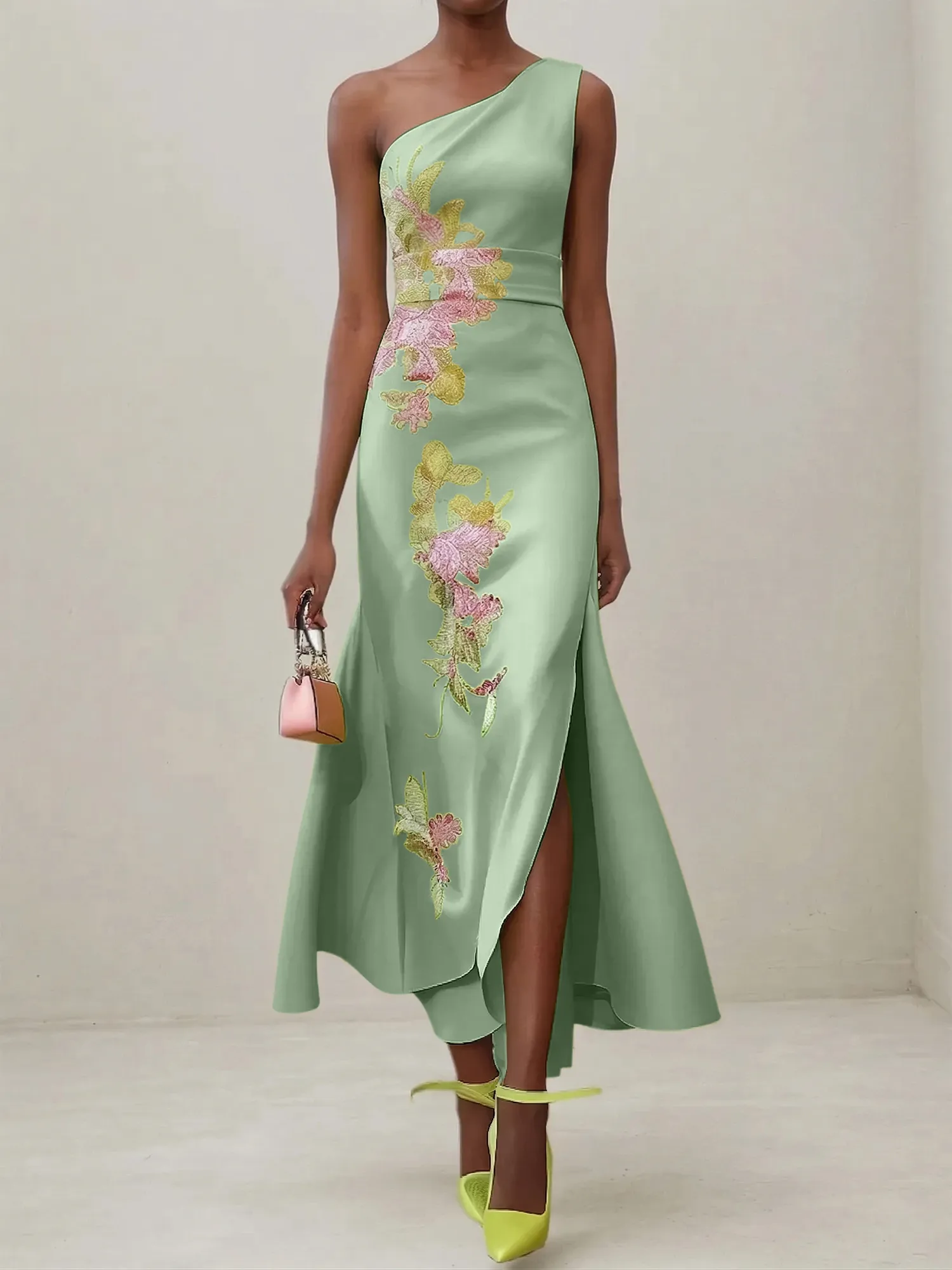 Elegant One Shoulder Cap Sleeve Satin Midi Gown with Floral Embroidery & High Slit