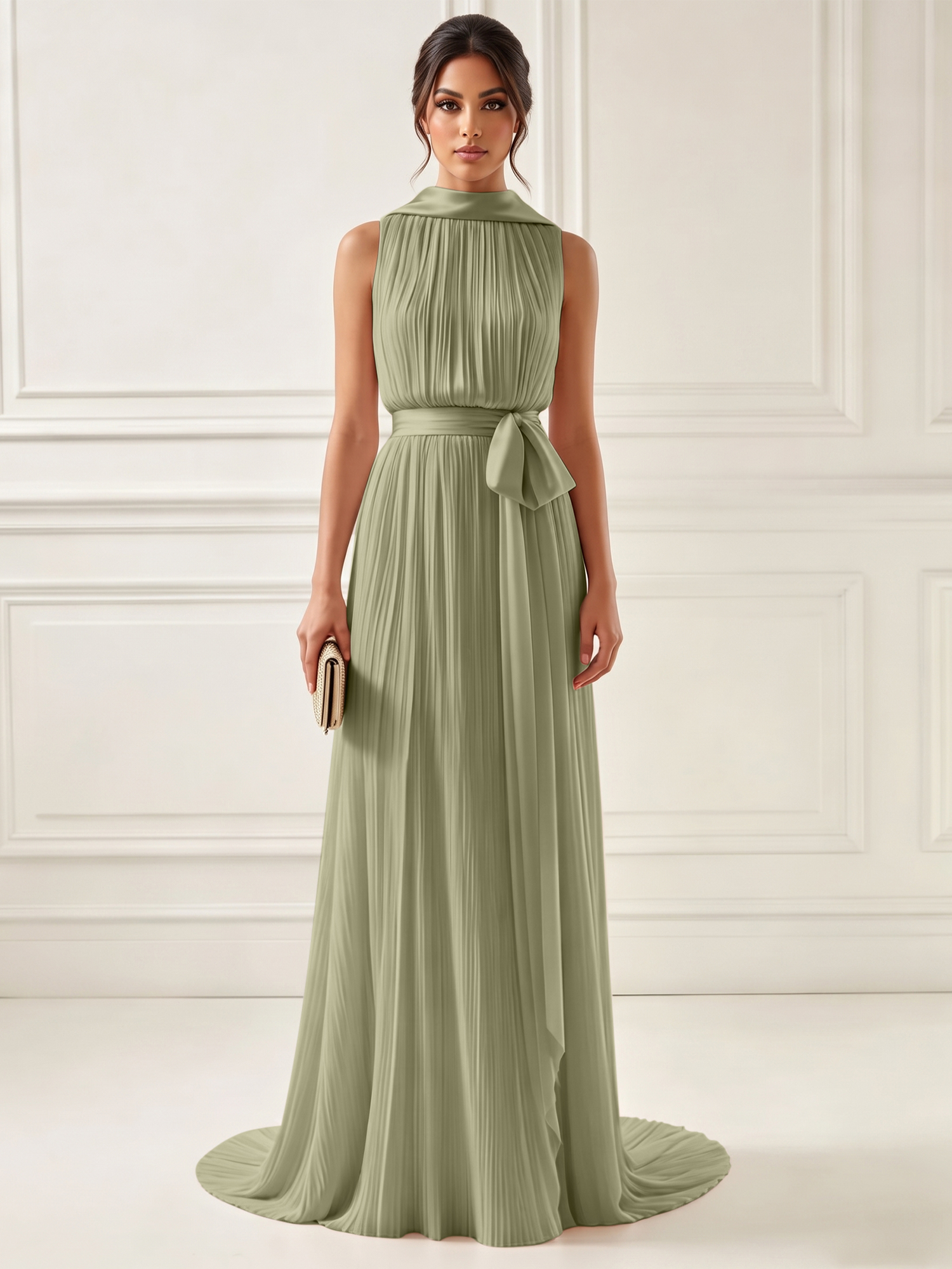 Ethereal Pleated Pastel Pink High Neck Maxi Formal Evening Dress with Satin Sash