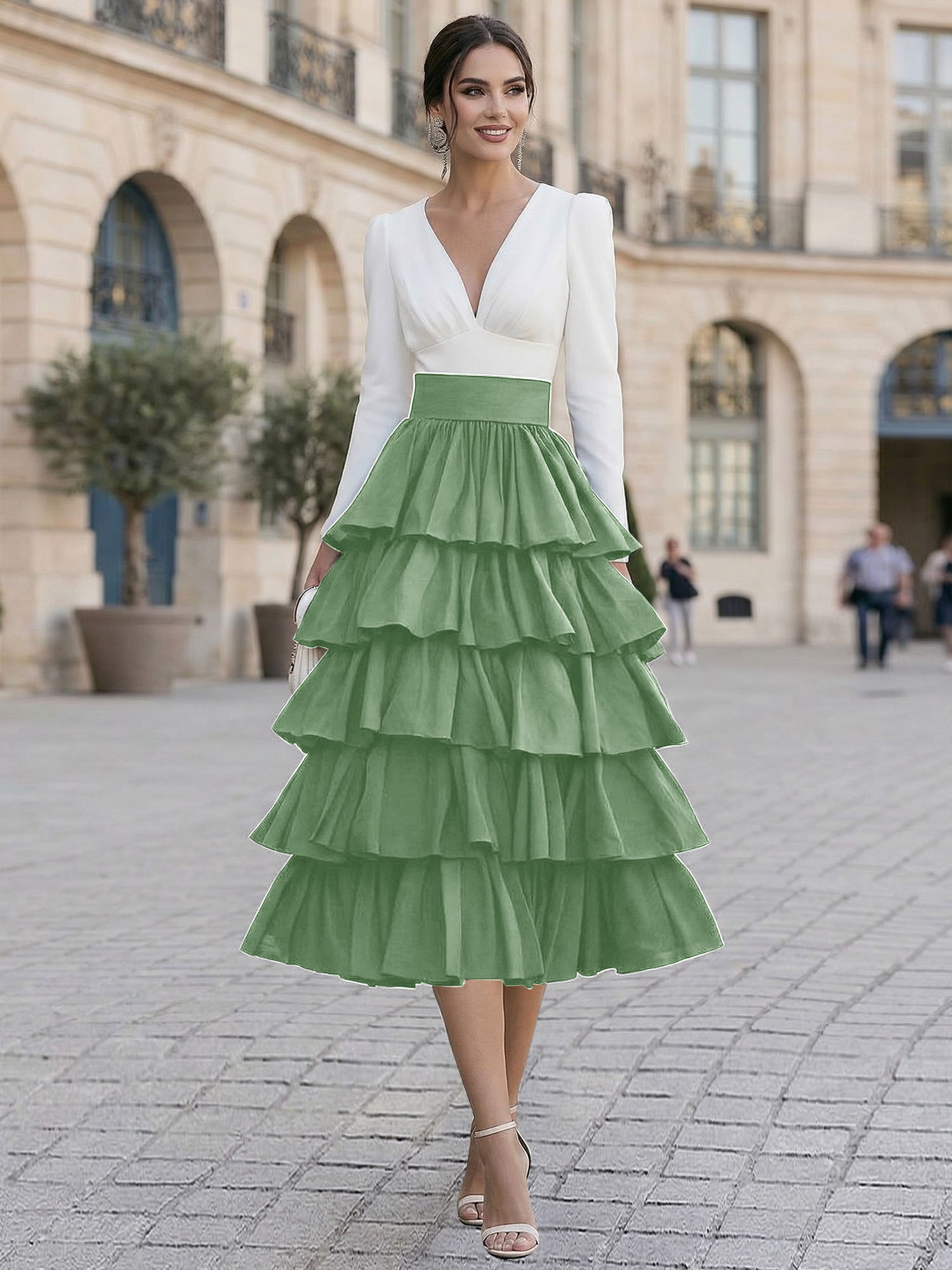 Elegant V-Neck Long Sleeve Tiered Ruffle Midi Dress with Contrast Waistband