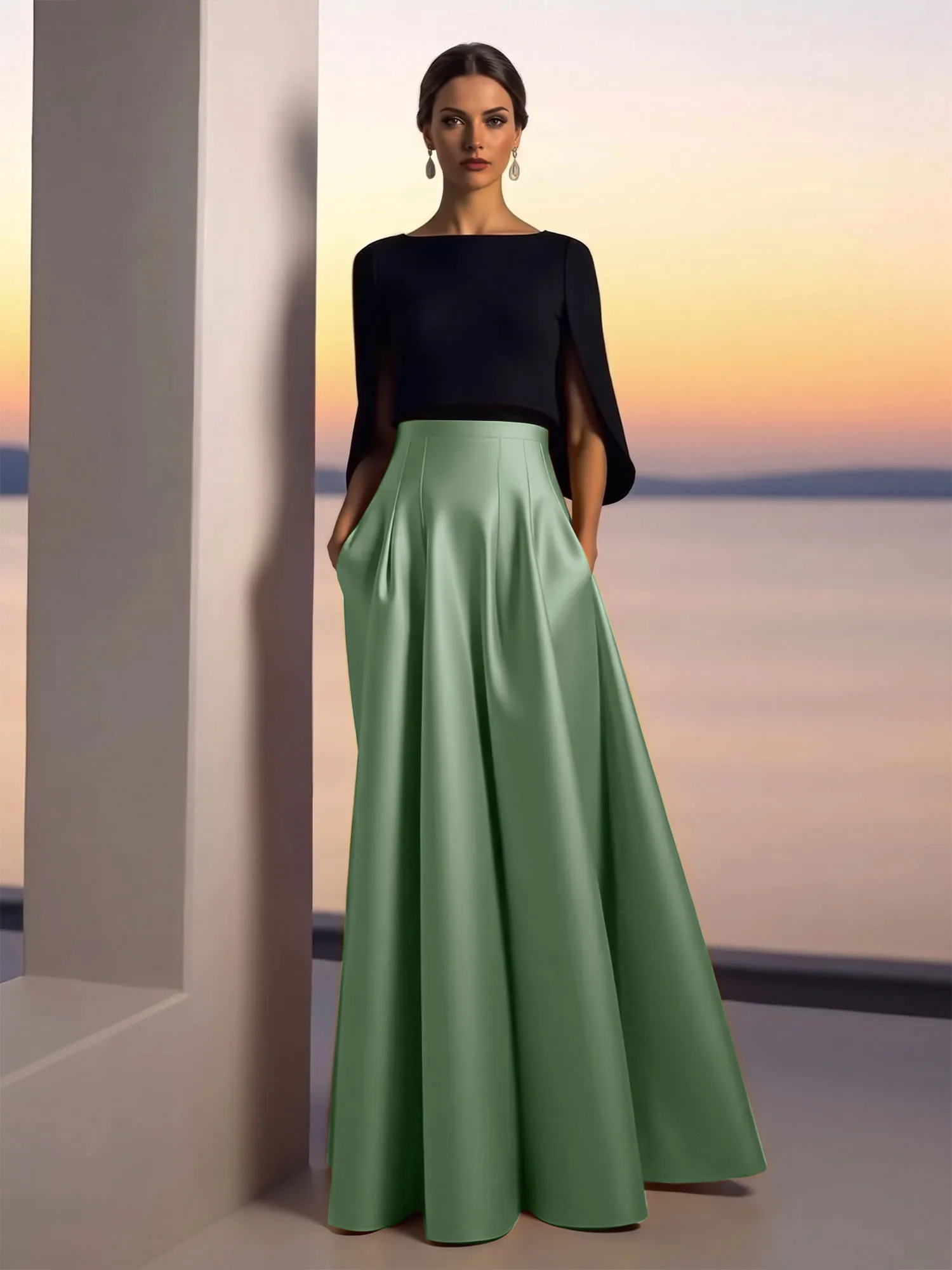 Two-Piece Cape Sleeve Satin Ball Gown Evening Dress
