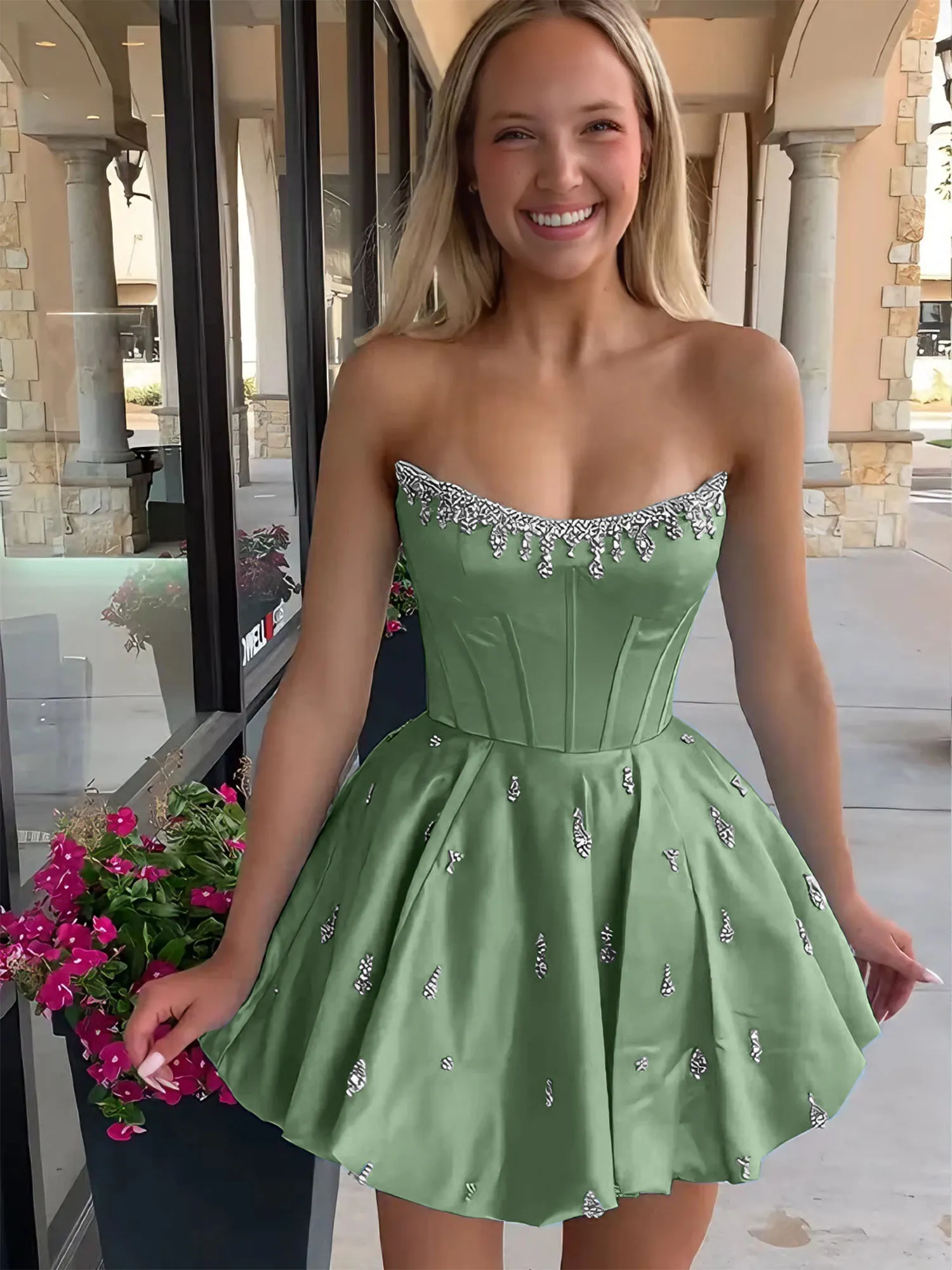 Strapless Beaded Corset Lace-Up Back Satin Homecoming Dress