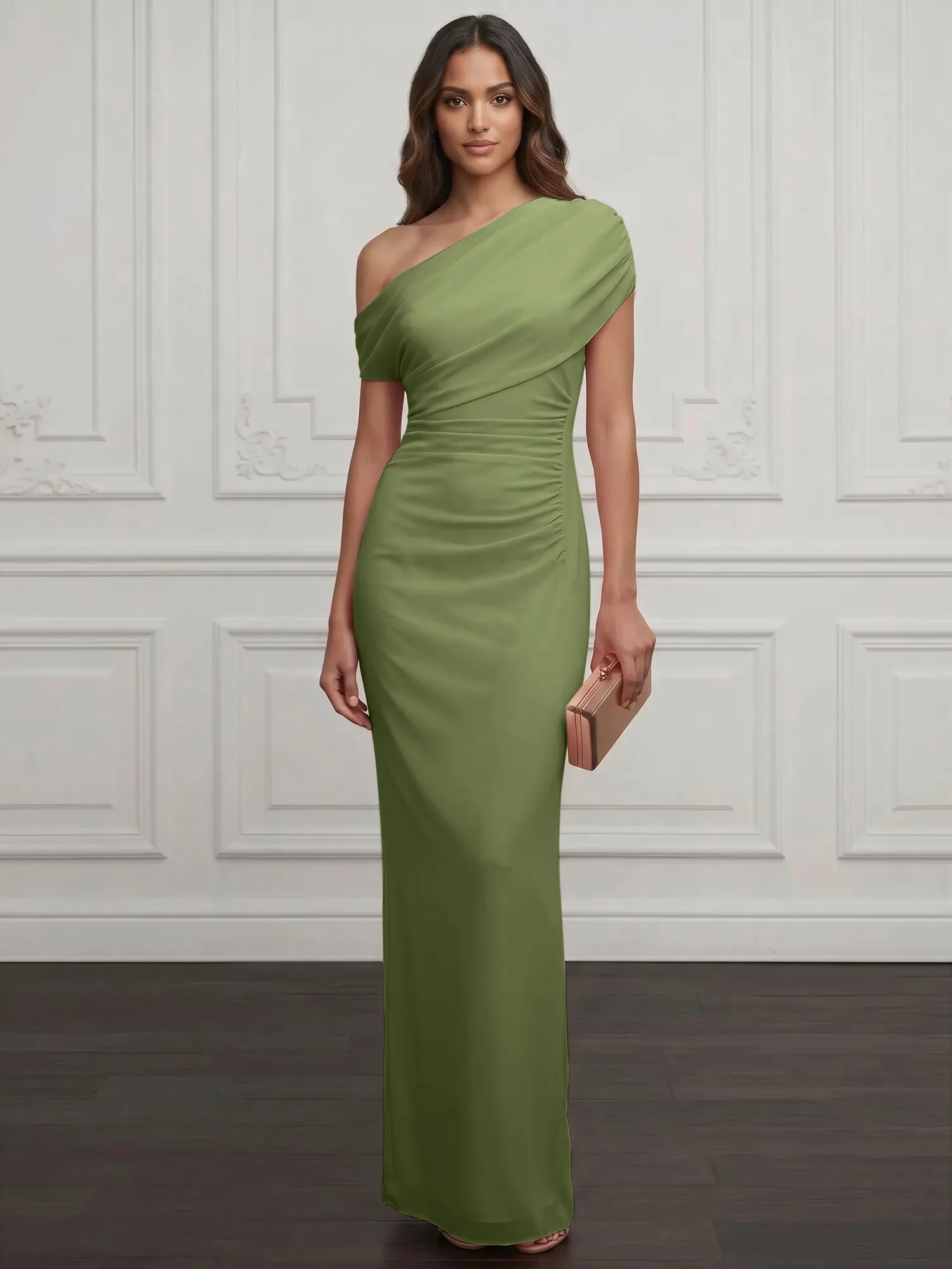 One-Shoulder Draped Chiffon Evening Gown