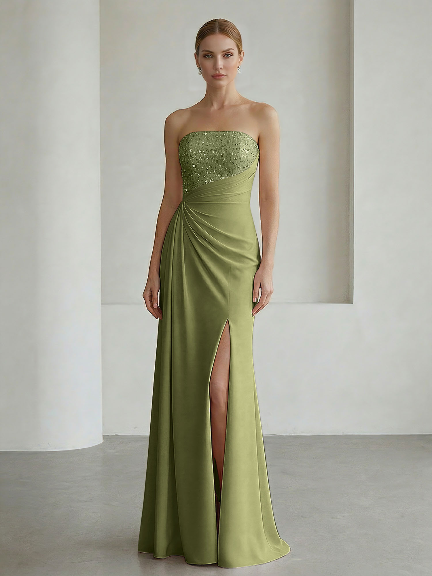 Glamorous Formal Evening Dress Soft Blush Beaded Strapless Slit Gown