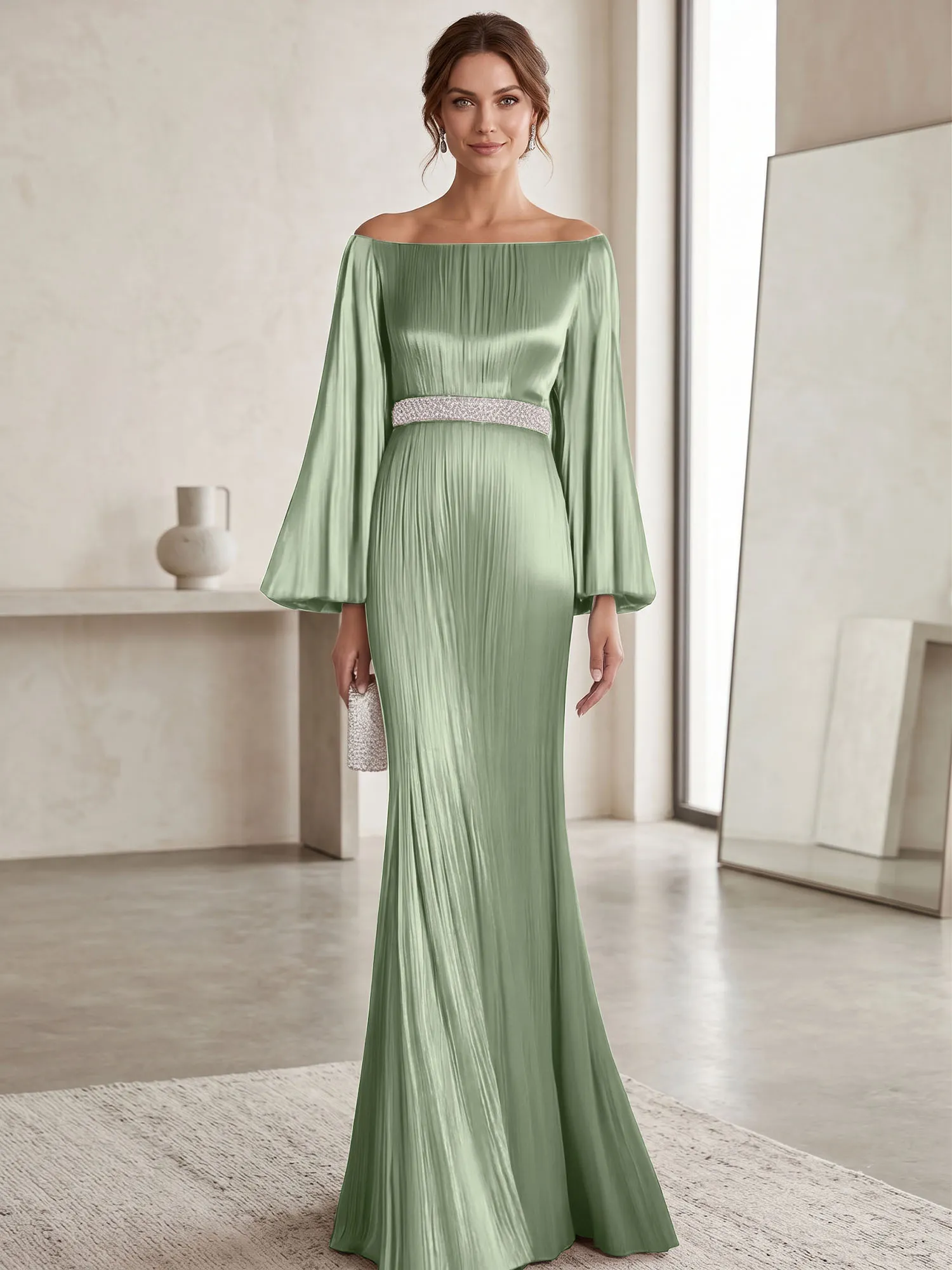 Off-the-Shoulder Pleated Satin Evening Gown with Beaded Waistband