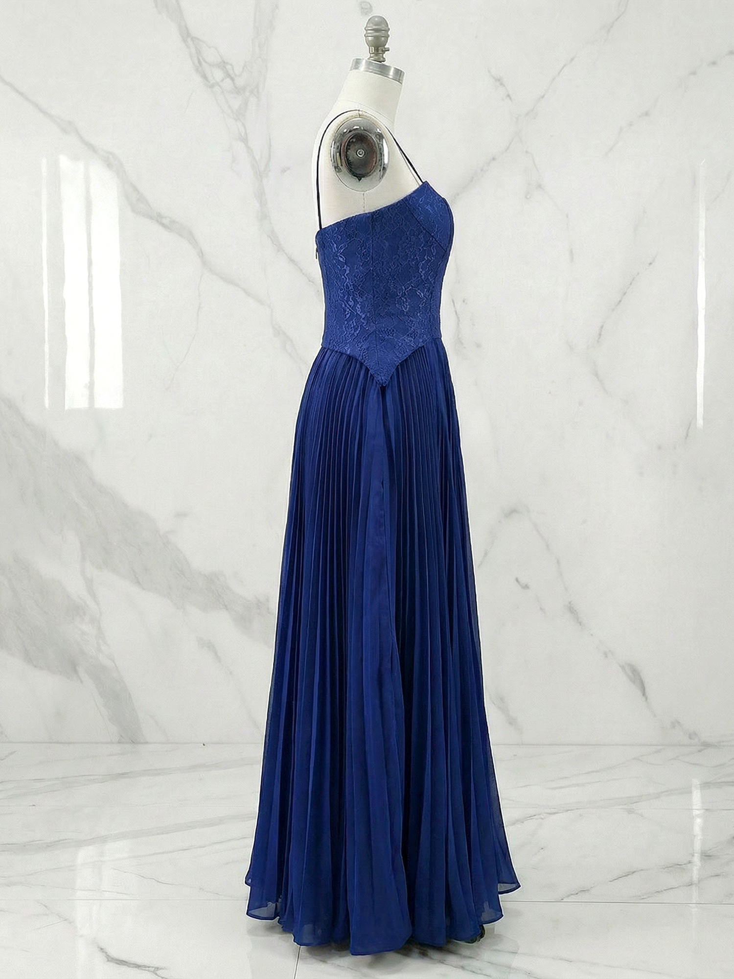 Elegant Navy Blue Lace & Pleated Chiffon Maxi Dress Gown