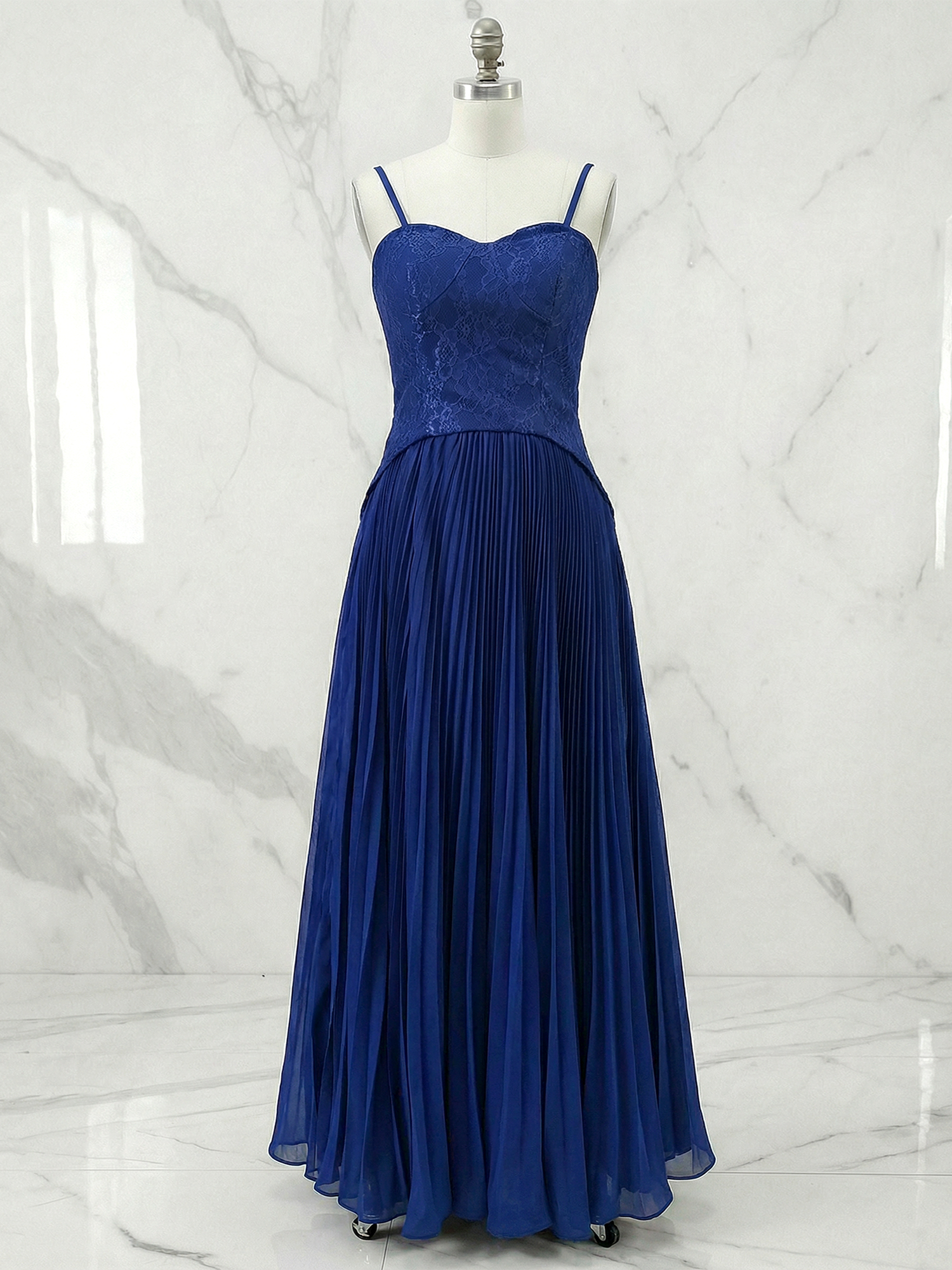 Elegant Navy Blue Lace & Pleated Chiffon Maxi Dress Gown