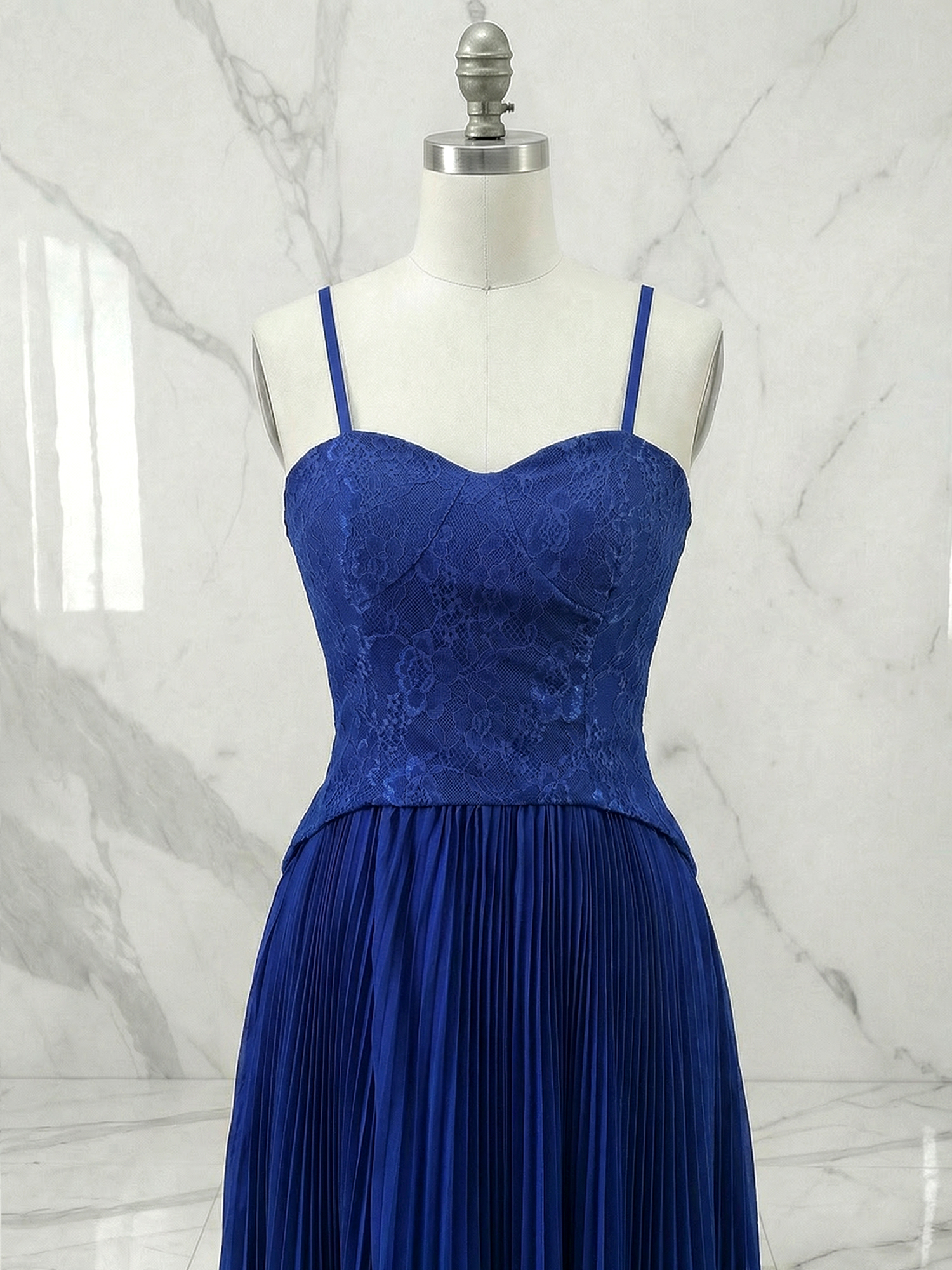 Elegant Navy Blue Lace & Pleated Chiffon Maxi Dress Gown