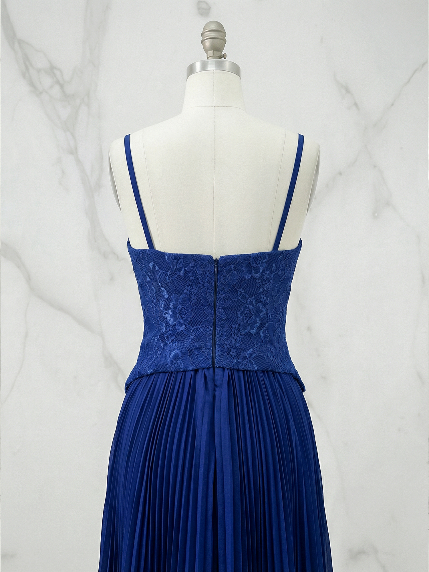 Elegant Navy Blue Lace & Pleated Chiffon Maxi Dress Gown
