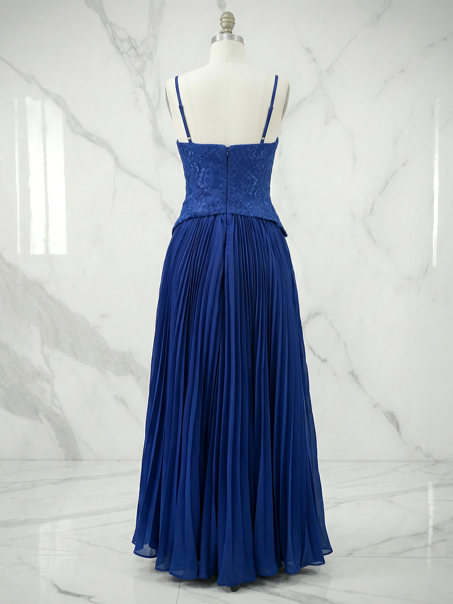 Elegant Navy Blue Lace & Pleated Chiffon Maxi Dress Gown