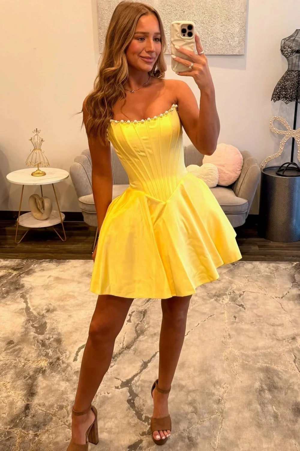 Radiant Butter Yellow Satin Pearl-Trimmed Corset Strapless Homecoming Dress