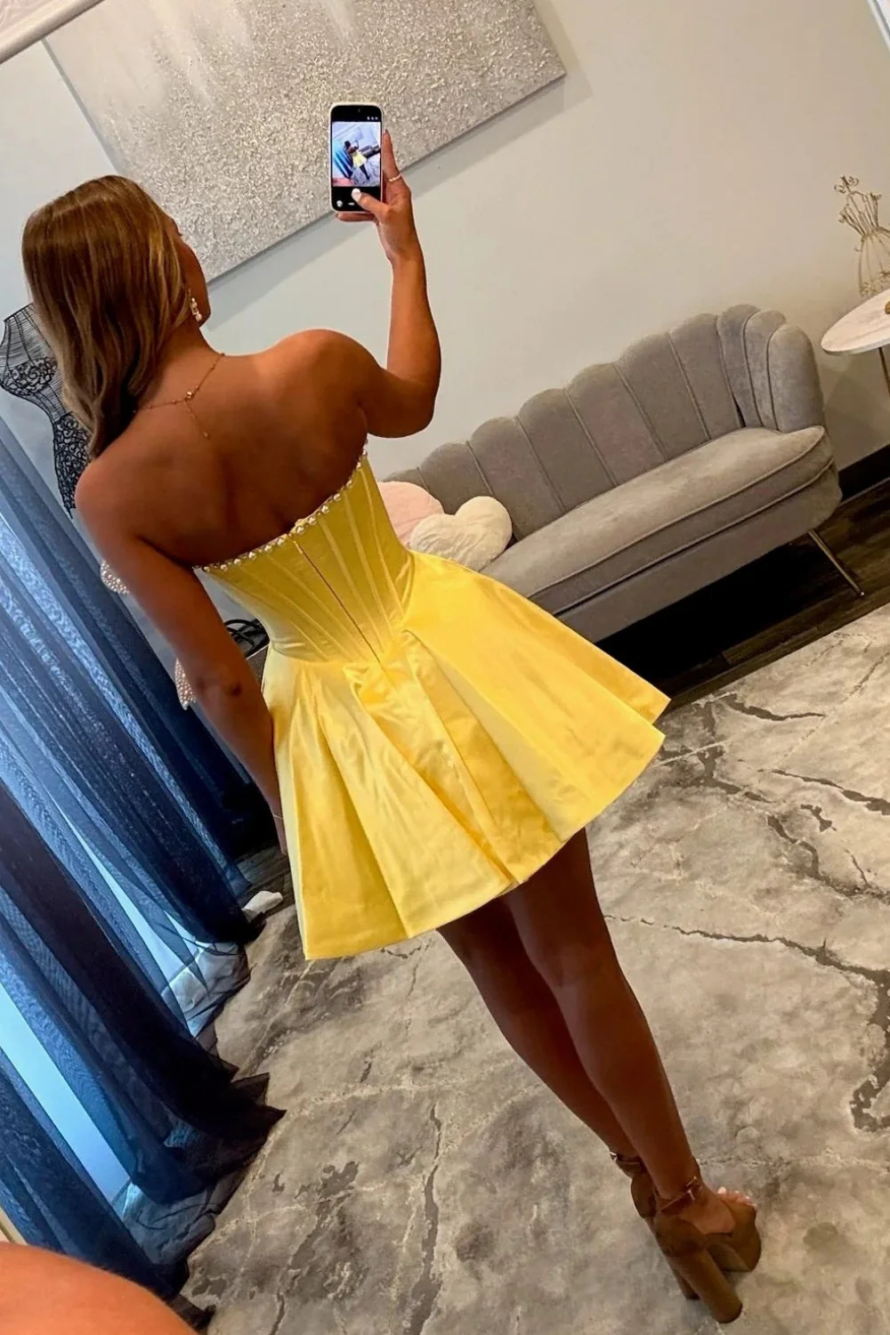Radiant Butter Yellow Satin Pearl-Trimmed Corset Strapless Homecoming Dress