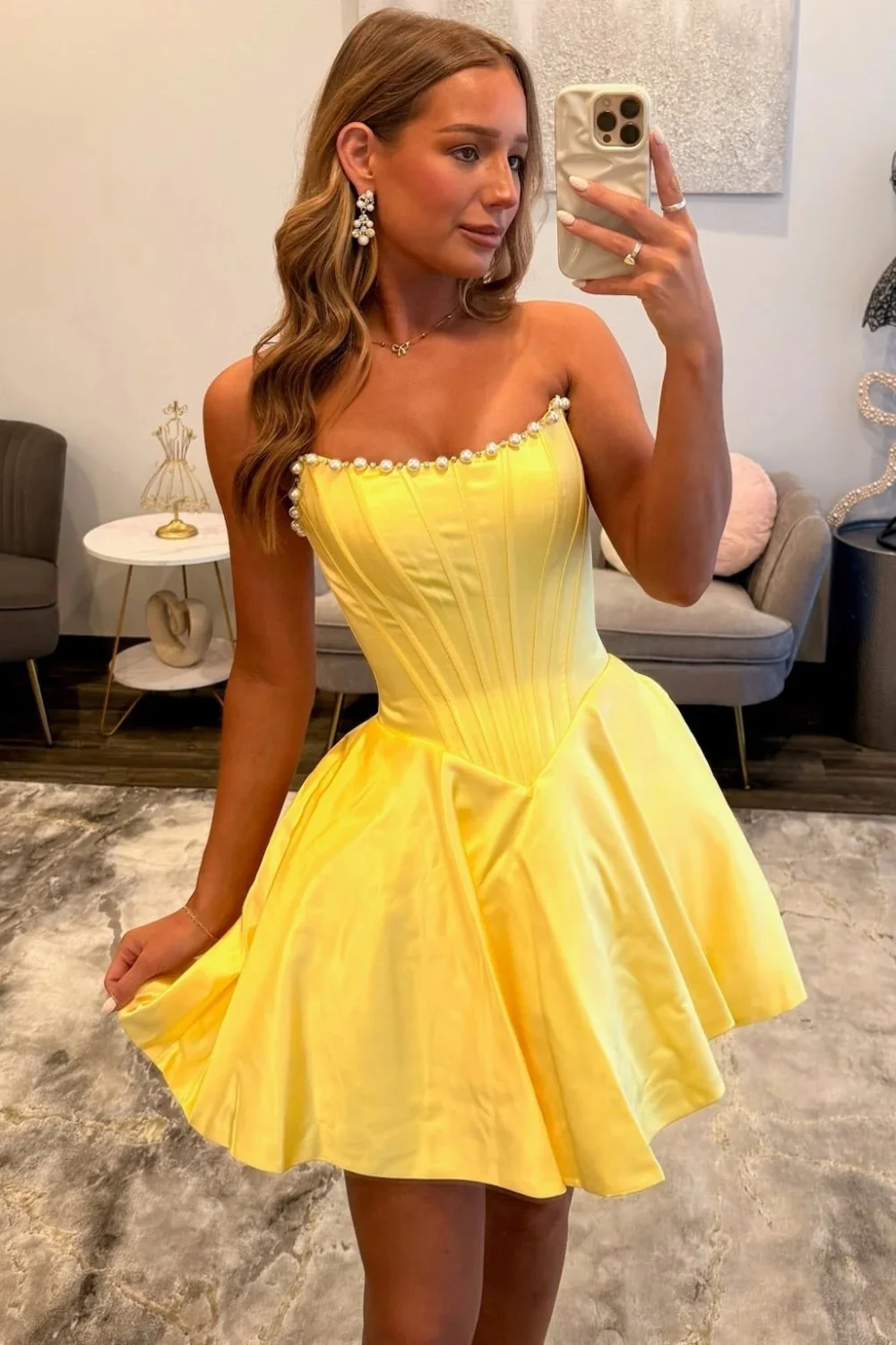 Radiant Butter Yellow Satin Pearl-Trimmed Corset Strapless Homecoming Dress