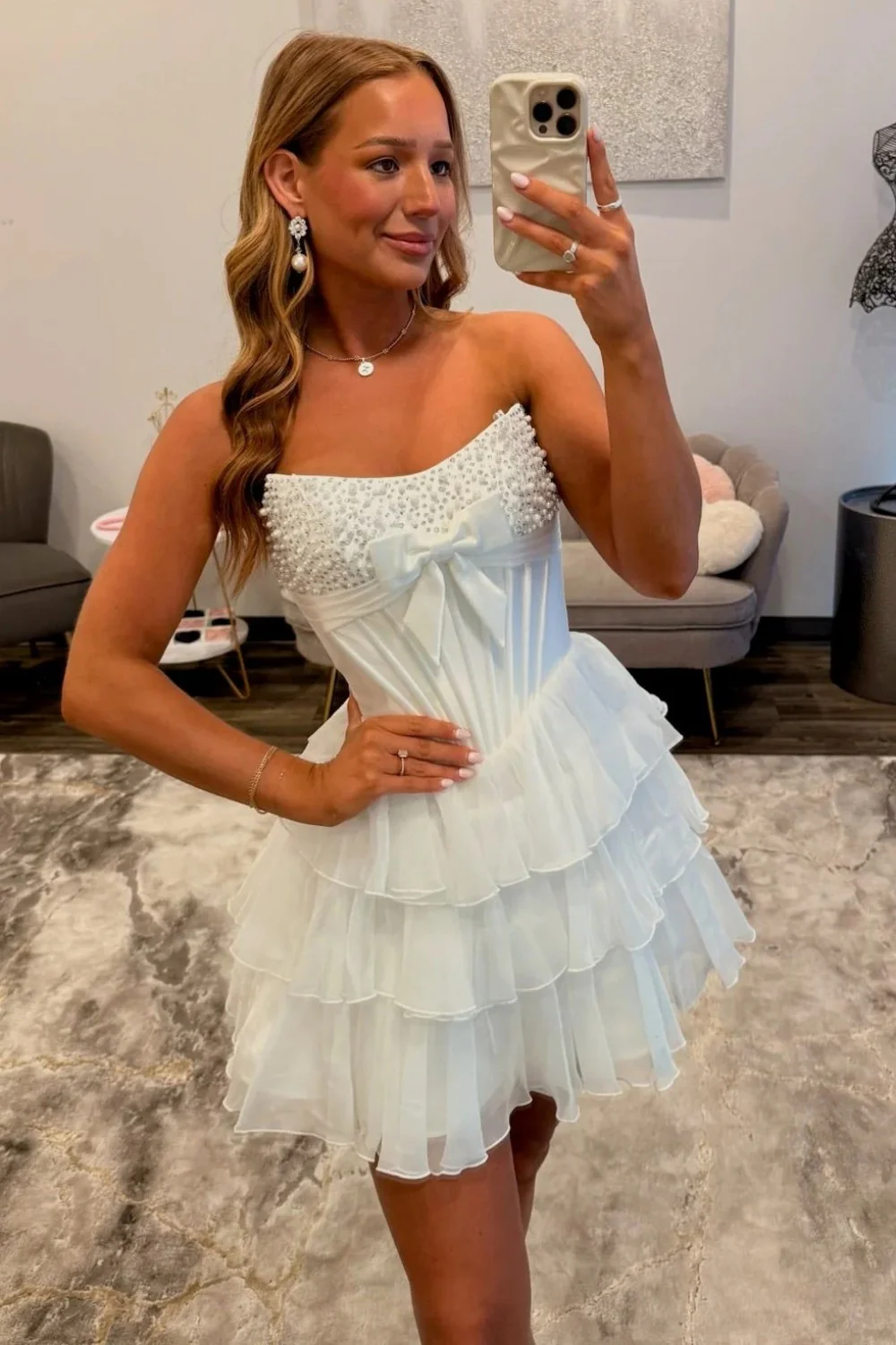 Black Strapless Pearl Embellished Bow Corset Layered Tulle Homecoming Dress