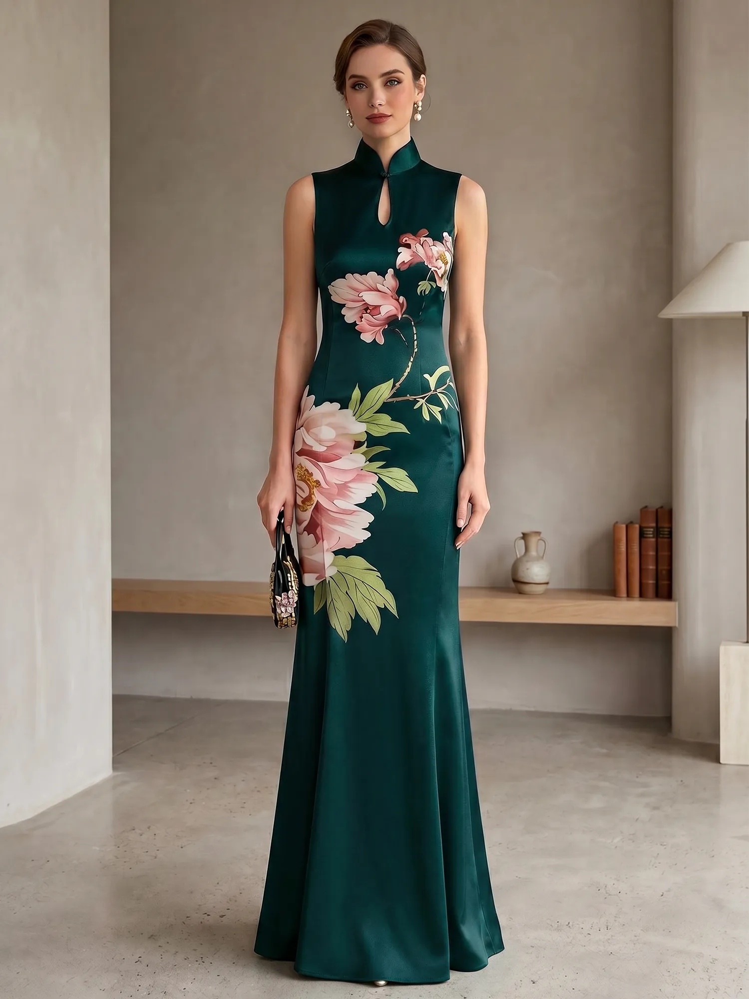 Satin Qipao-Inspired Floral Mermaid Evening Gown