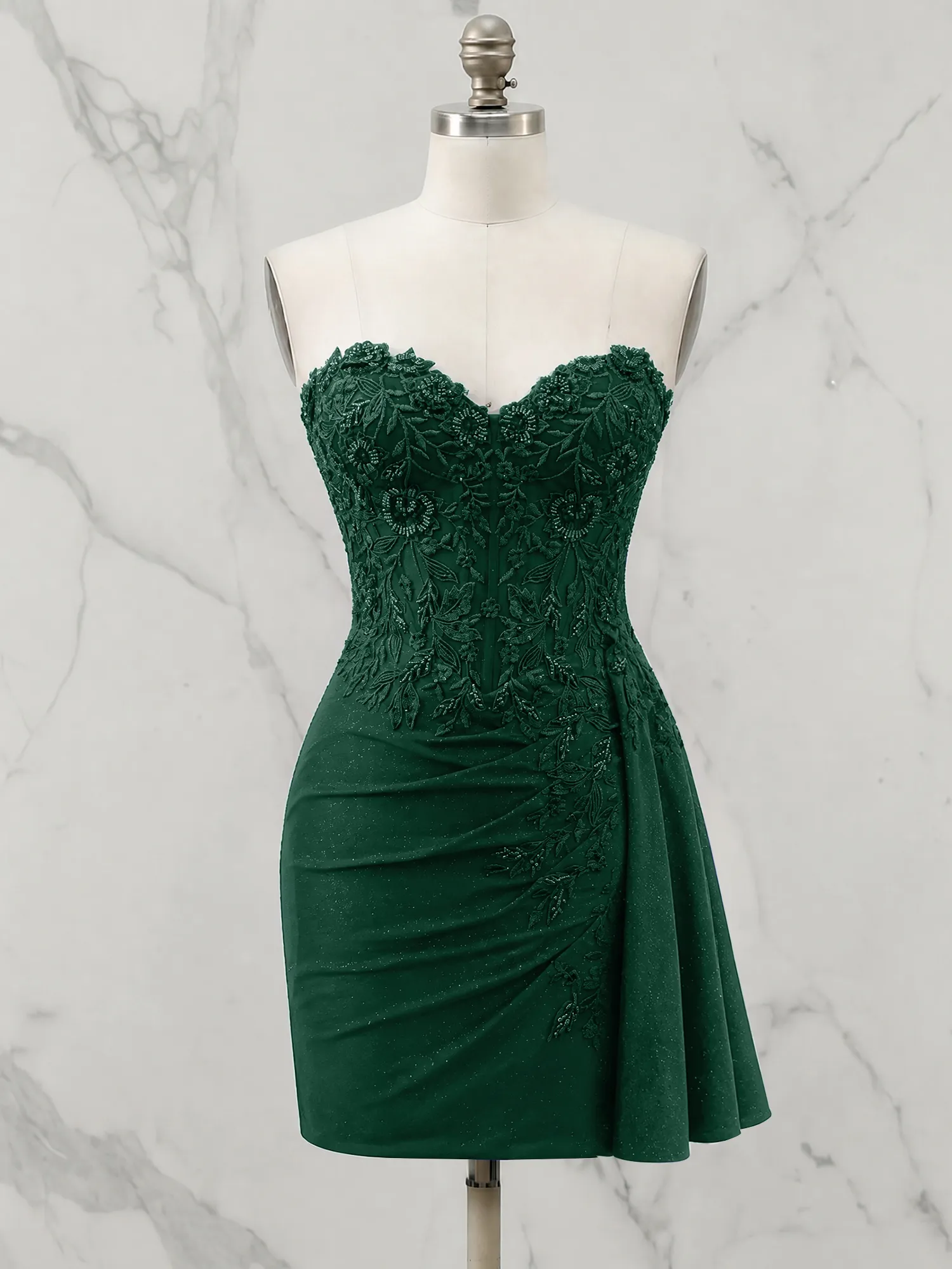 Strapless Lace Appliqué Glitter Homecoming Dress with Side Drape