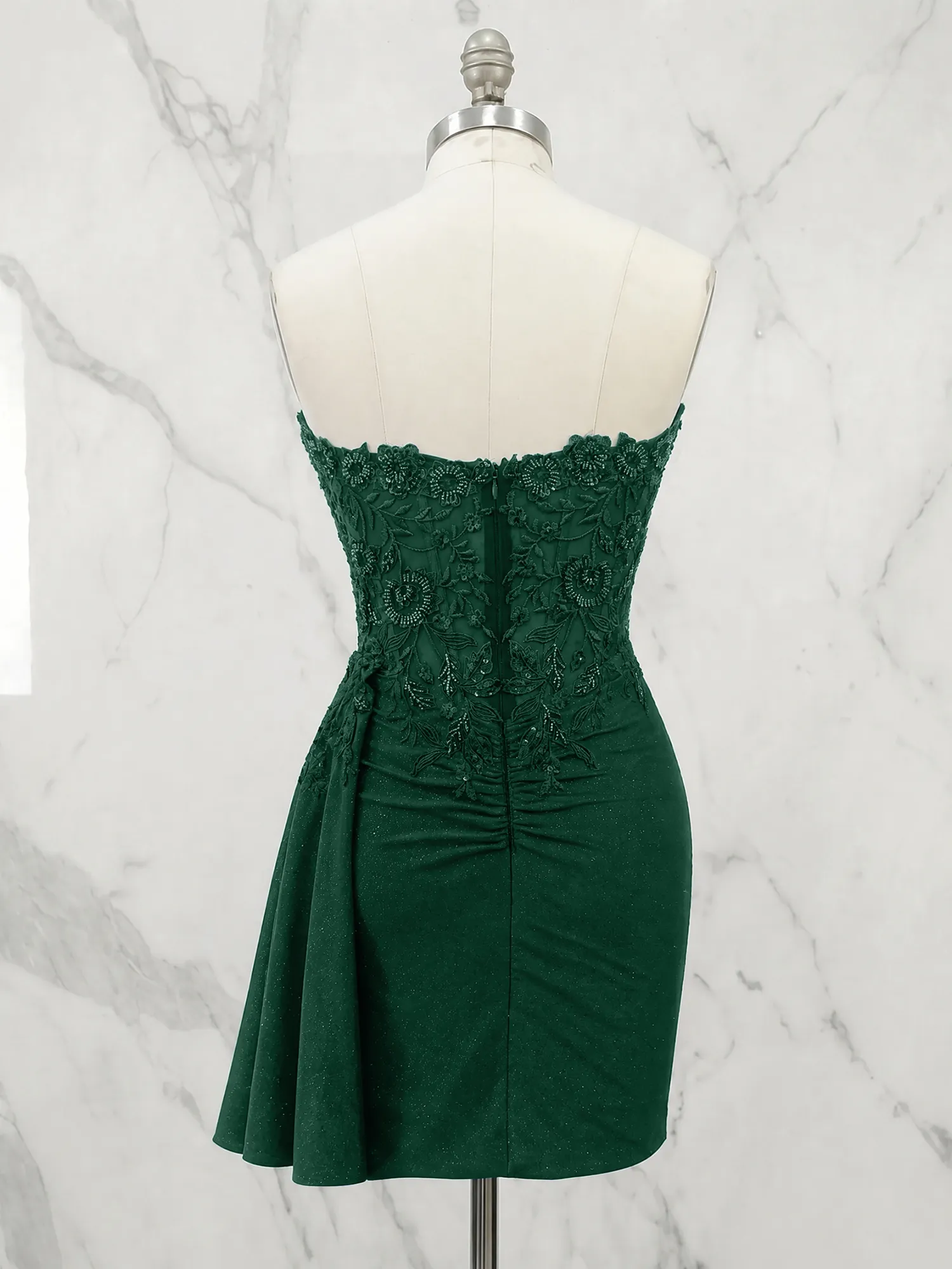 Strapless Lace Appliqué Glitter Homecoming Dress with Side Drape
