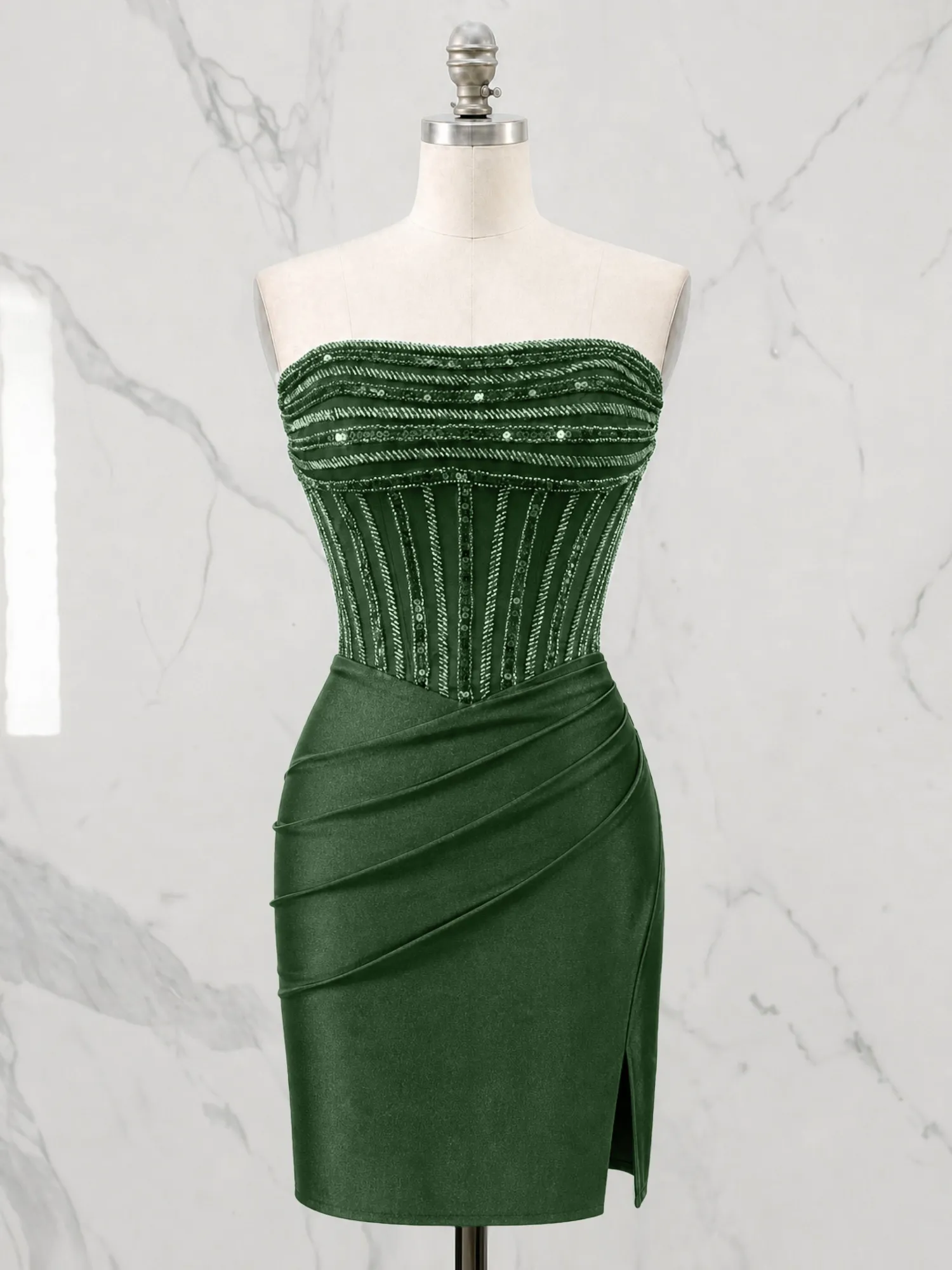 Strapless Beaded Corset Homecoming Dress with Ruched Skirt