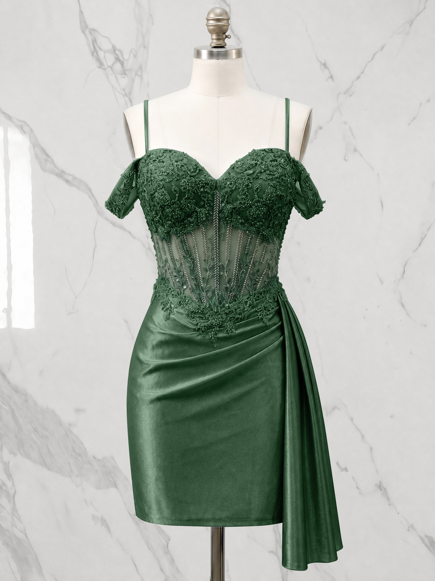 Off-the-Shoulder Lace Corset Homecoming Dress with Side Drape