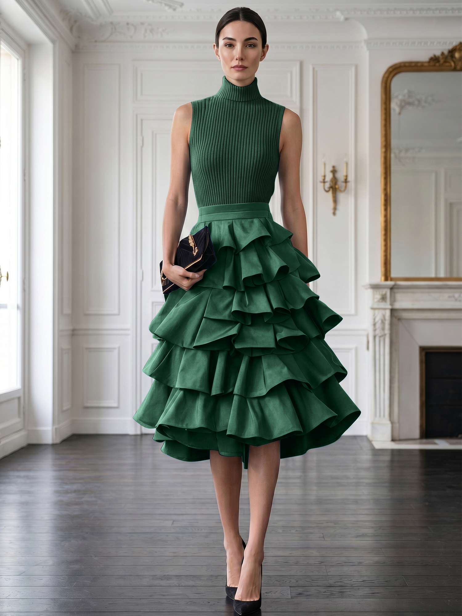 Avant-Garde Black High-Neck Tiered Ruffled Evening Gown