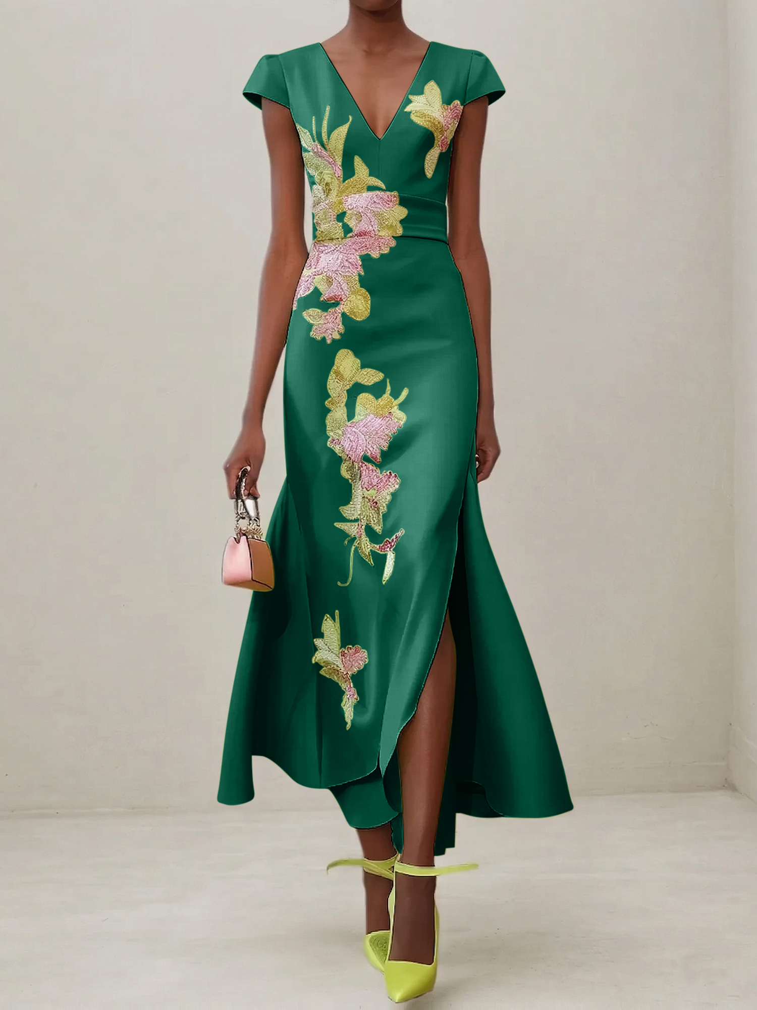 Elegant V-Neck Cap Sleeve Satin Midi Gown with Floral Embroidery & High Slit