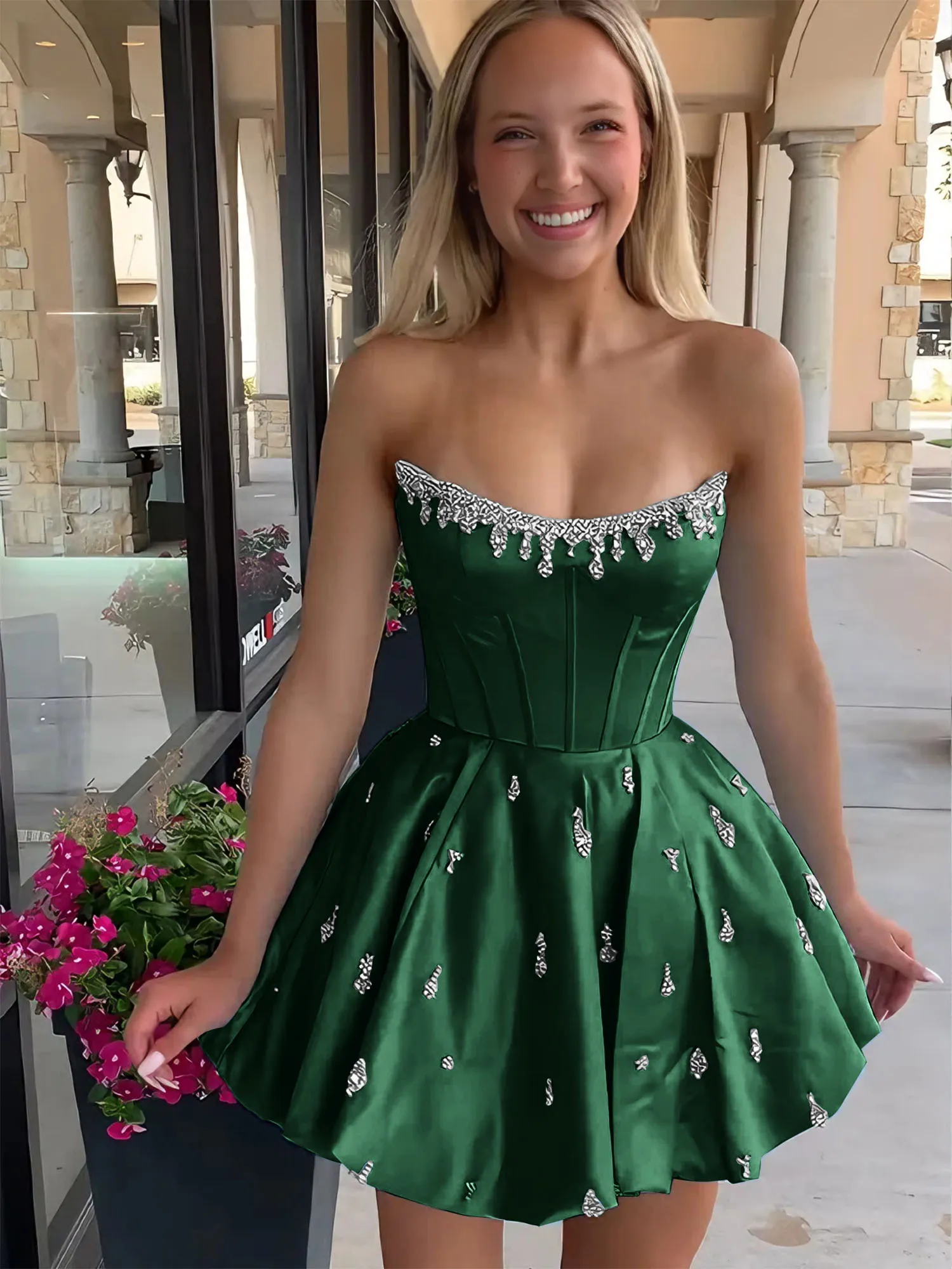 Strapless Beaded Corset Lace-Up Back Satin Homecoming Dress