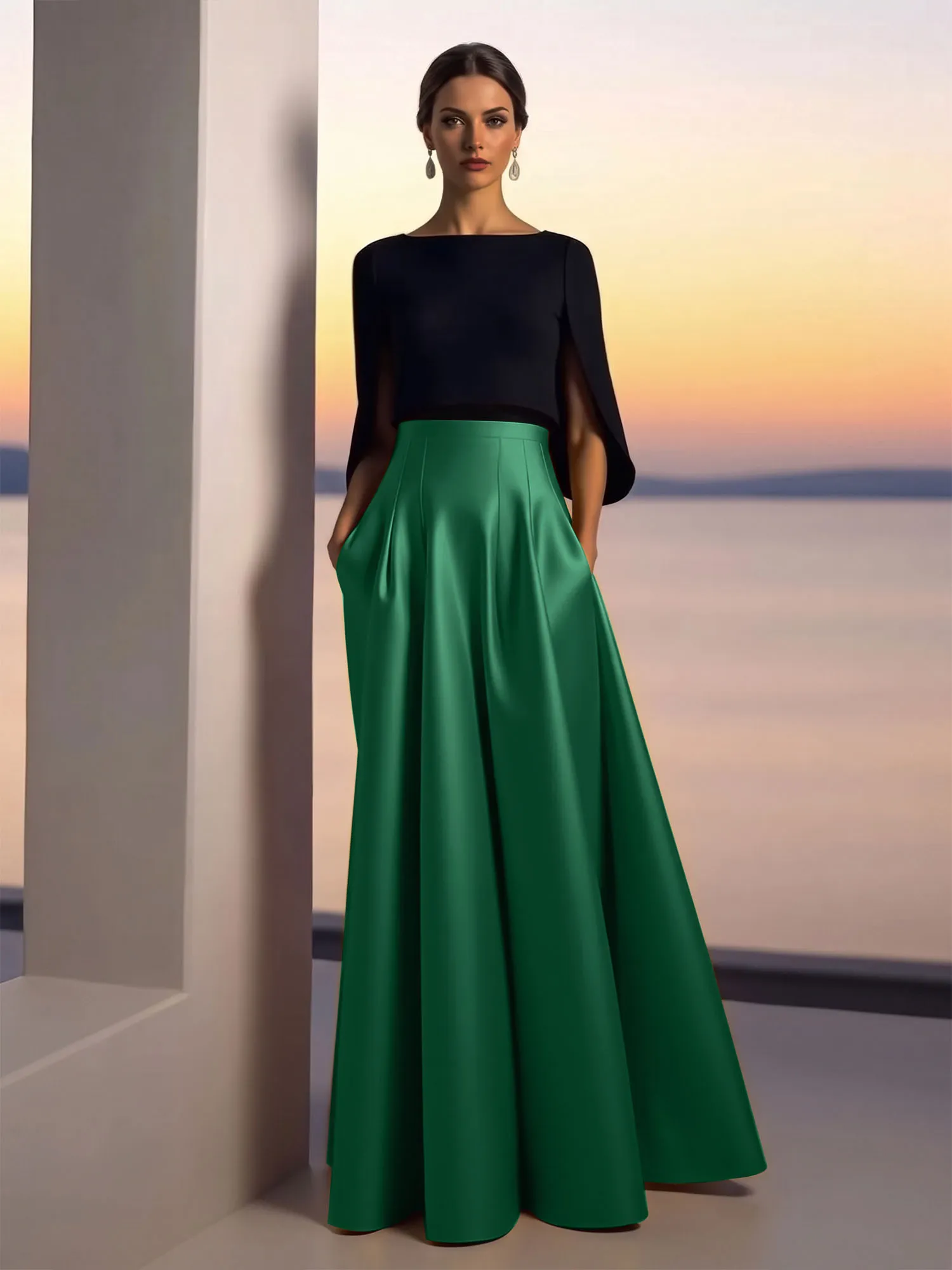 Two-Piece Cape Sleeve Satin Ball Gown Evening Dress