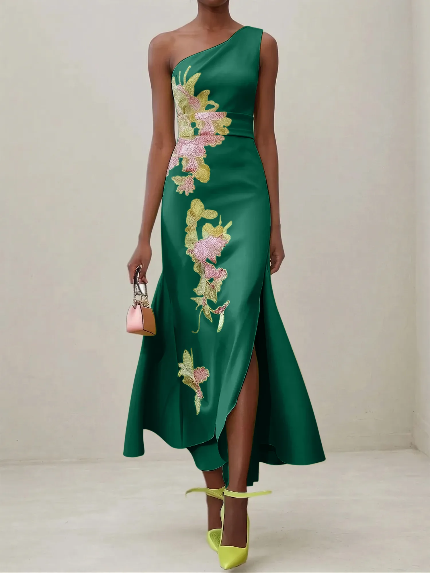 Elegant One Shoulder Cap Sleeve Satin Midi Gown with Floral Embroidery & High Slit