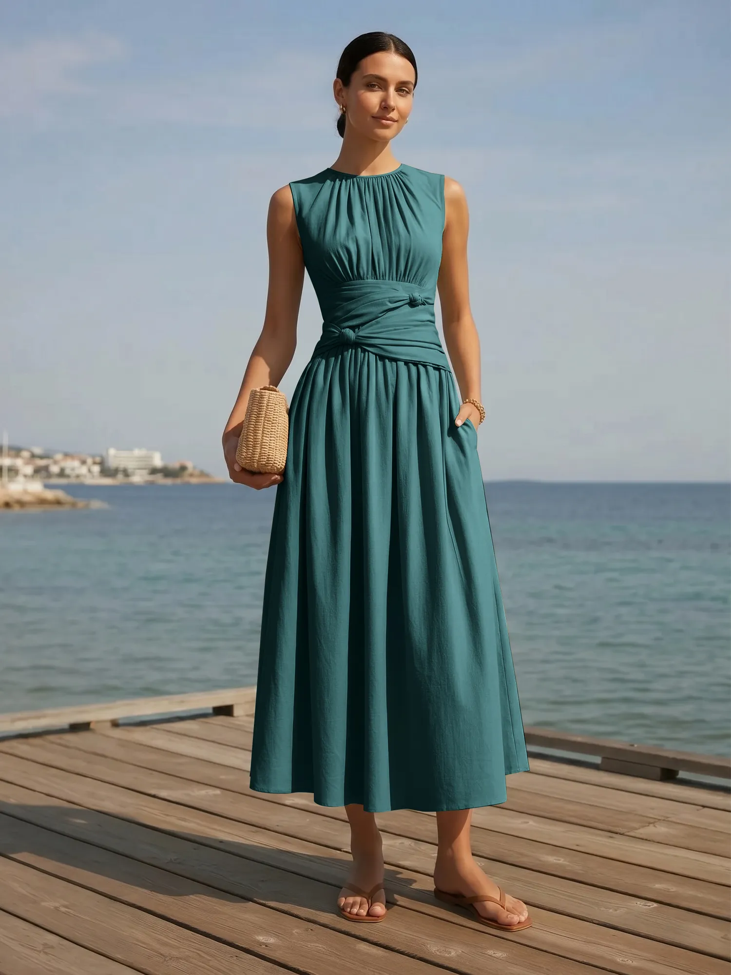 Sleeveless Round Neck Waist-Knot Midi Evening Dress