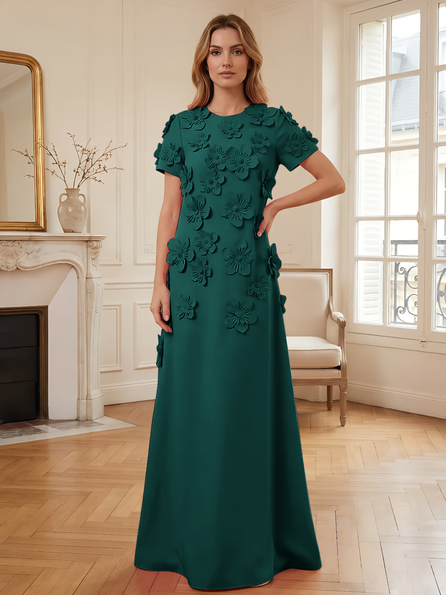 3D Floral Applique Short-Sleeve Column Evening Gown
