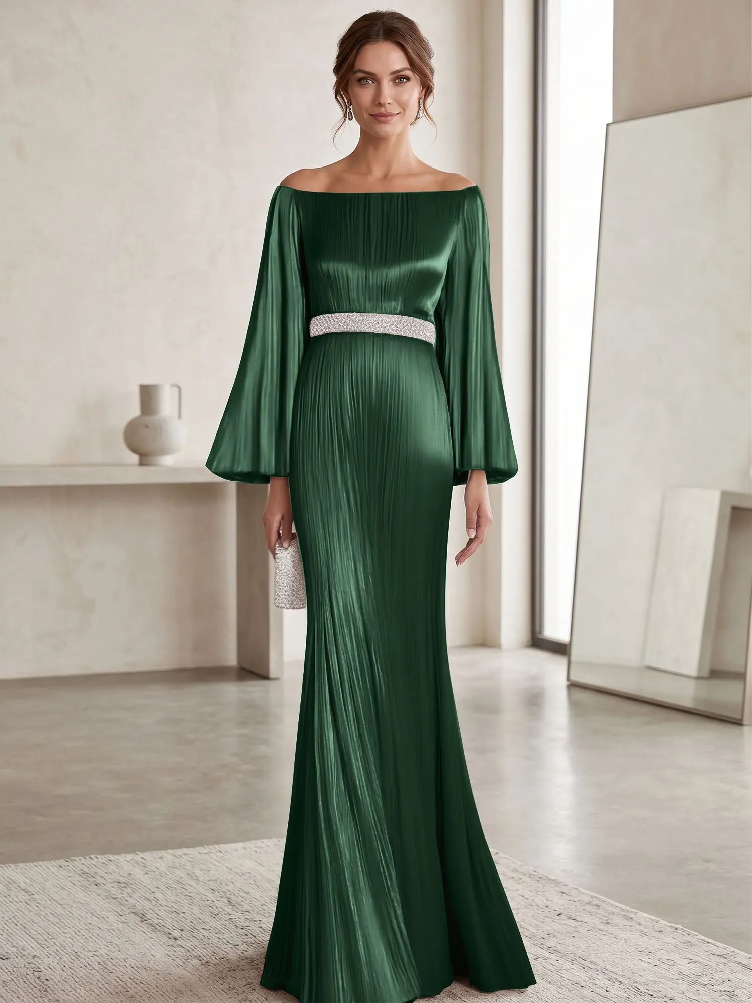 Off-the-Shoulder Pleated Satin Evening Gown with Beaded Waistband