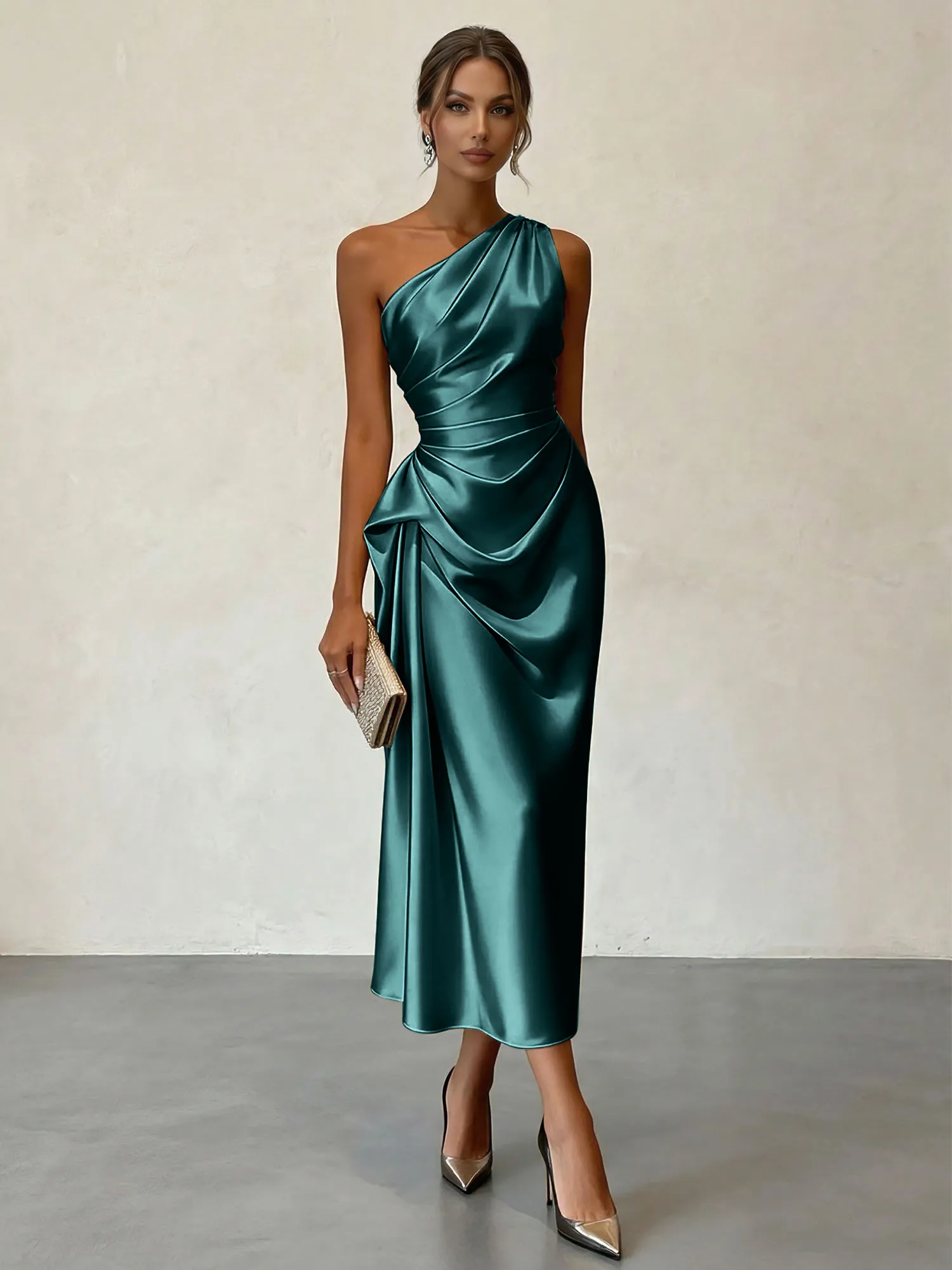 One-Shoulder Ruched Satin Midi Evening Dress with Draped Detail