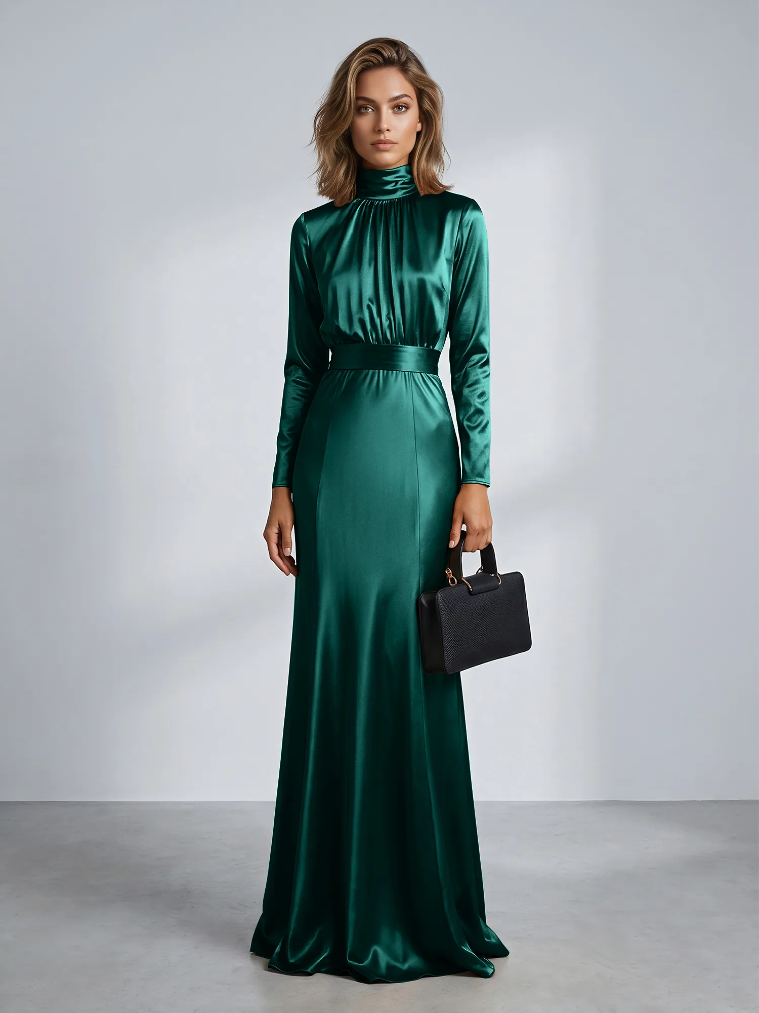 High Neck Long Sleeve Satin Mermaid Evening Gown with Waist Sash