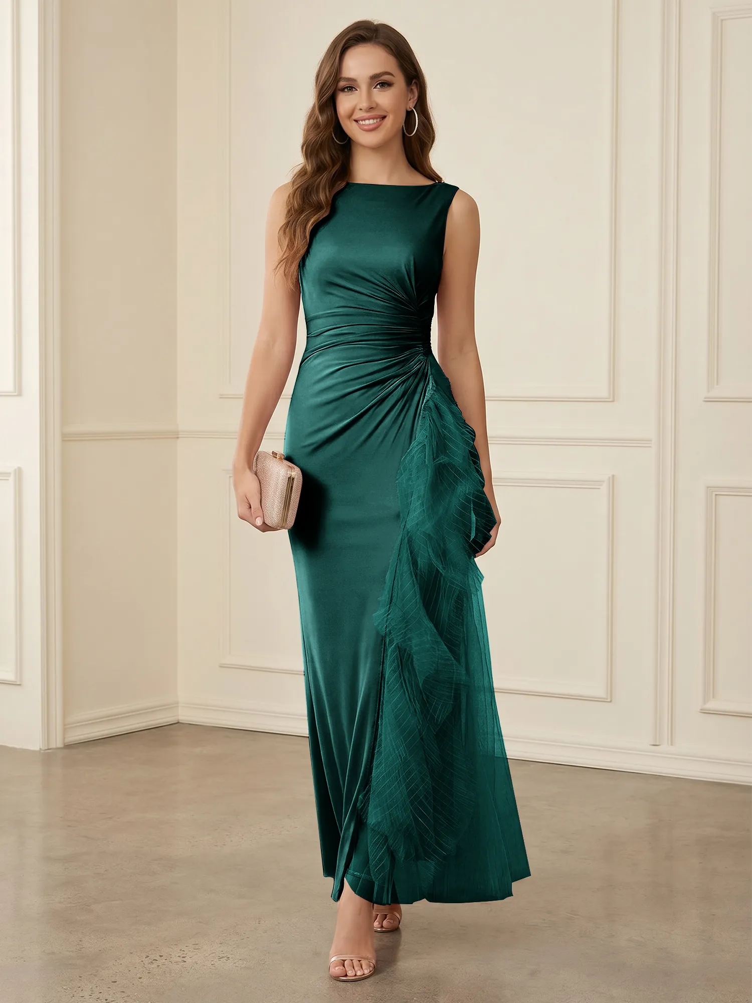 Sleeveless Ruched Sheath Evening Gown with Tulle Ruffle Detail