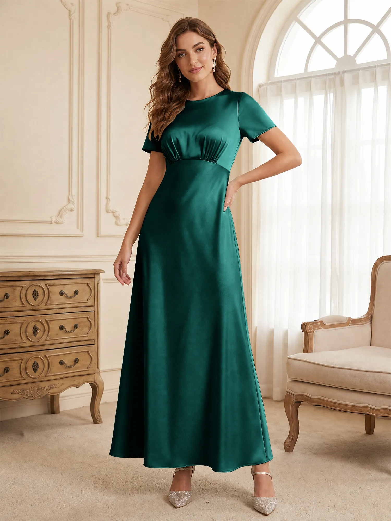 Round Neck Short Sleeve Satin Bridesmaid Dress