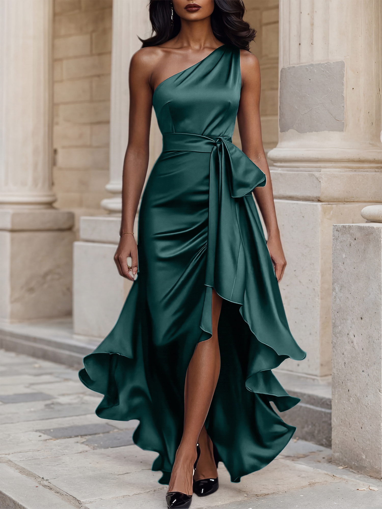 Glamorous Formal Dress Midnight Navy One Shoulder High-Low Satin Gown Midi Dress