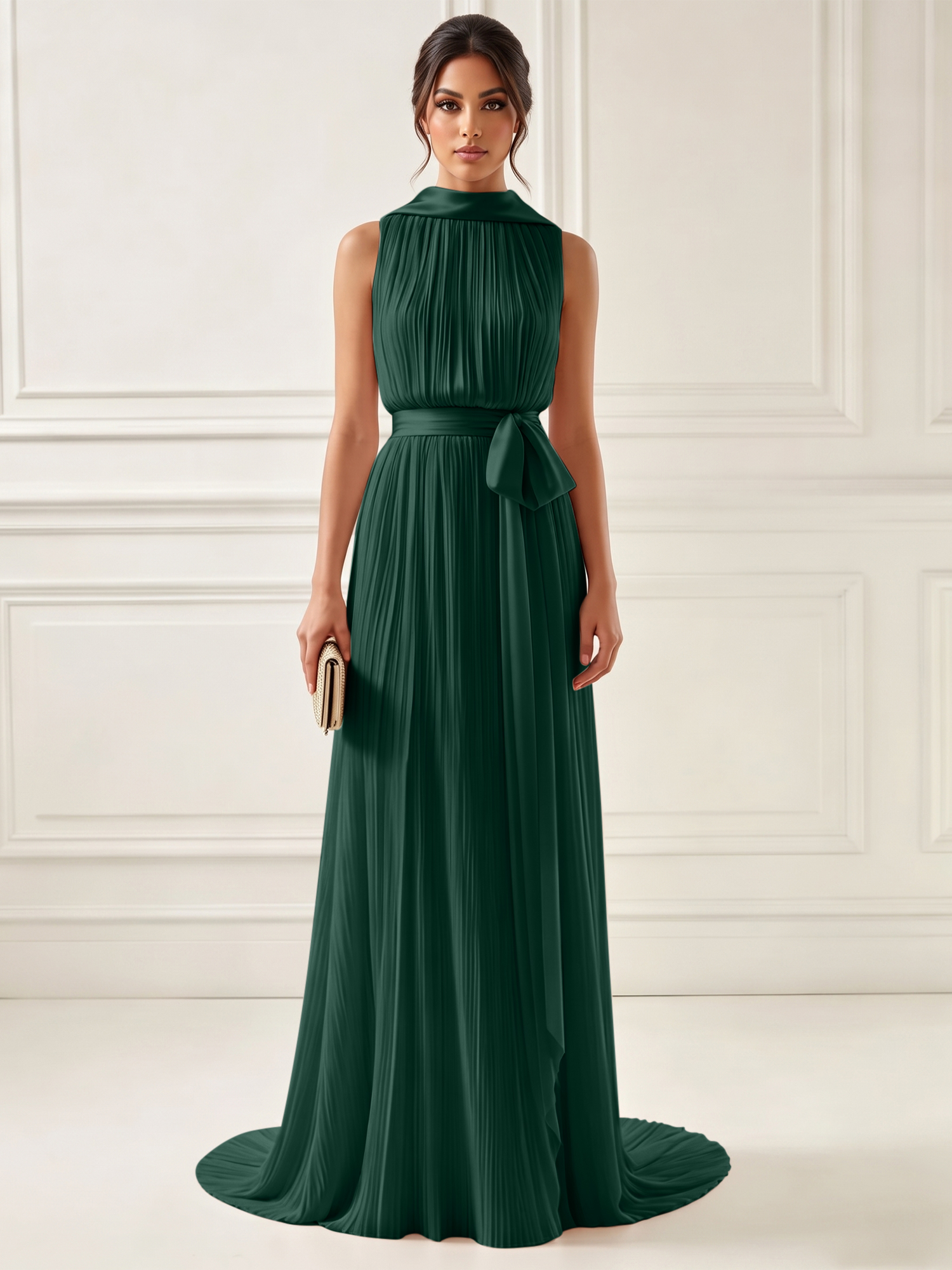 Ethereal Pleated Pastel Pink High Neck Maxi Formal Evening Dress with Satin Sash
