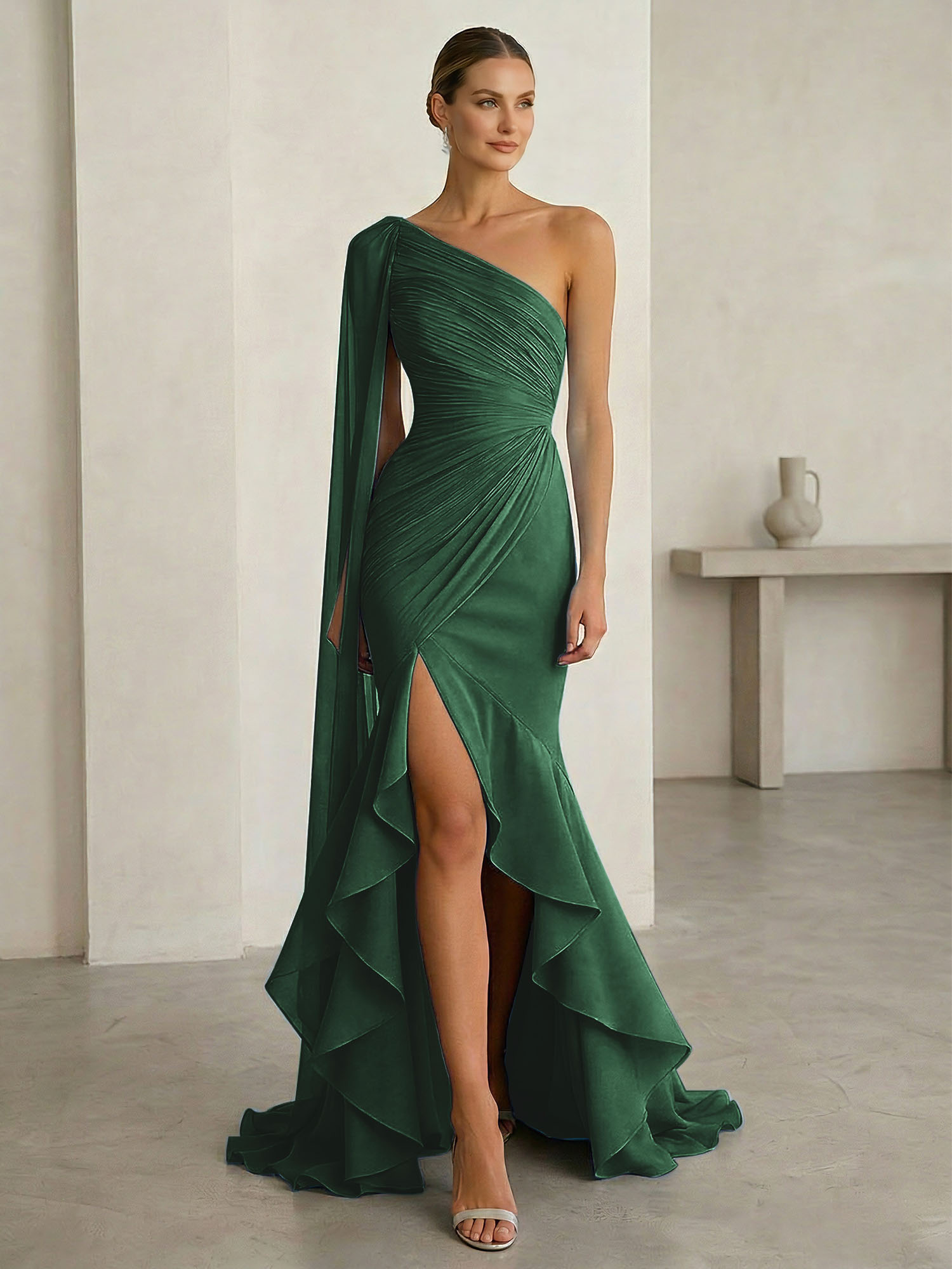 One-Shoulder Cape Sleeve Draped Mermaid Gown with Ruffle Hem