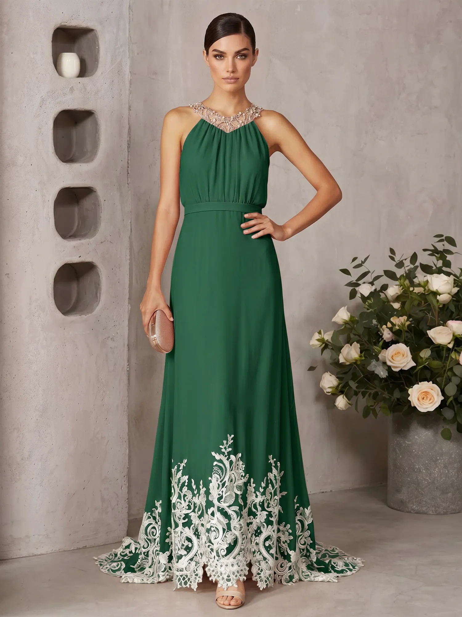 Halter Neck Beaded Chiffon Gown with Lace Hem