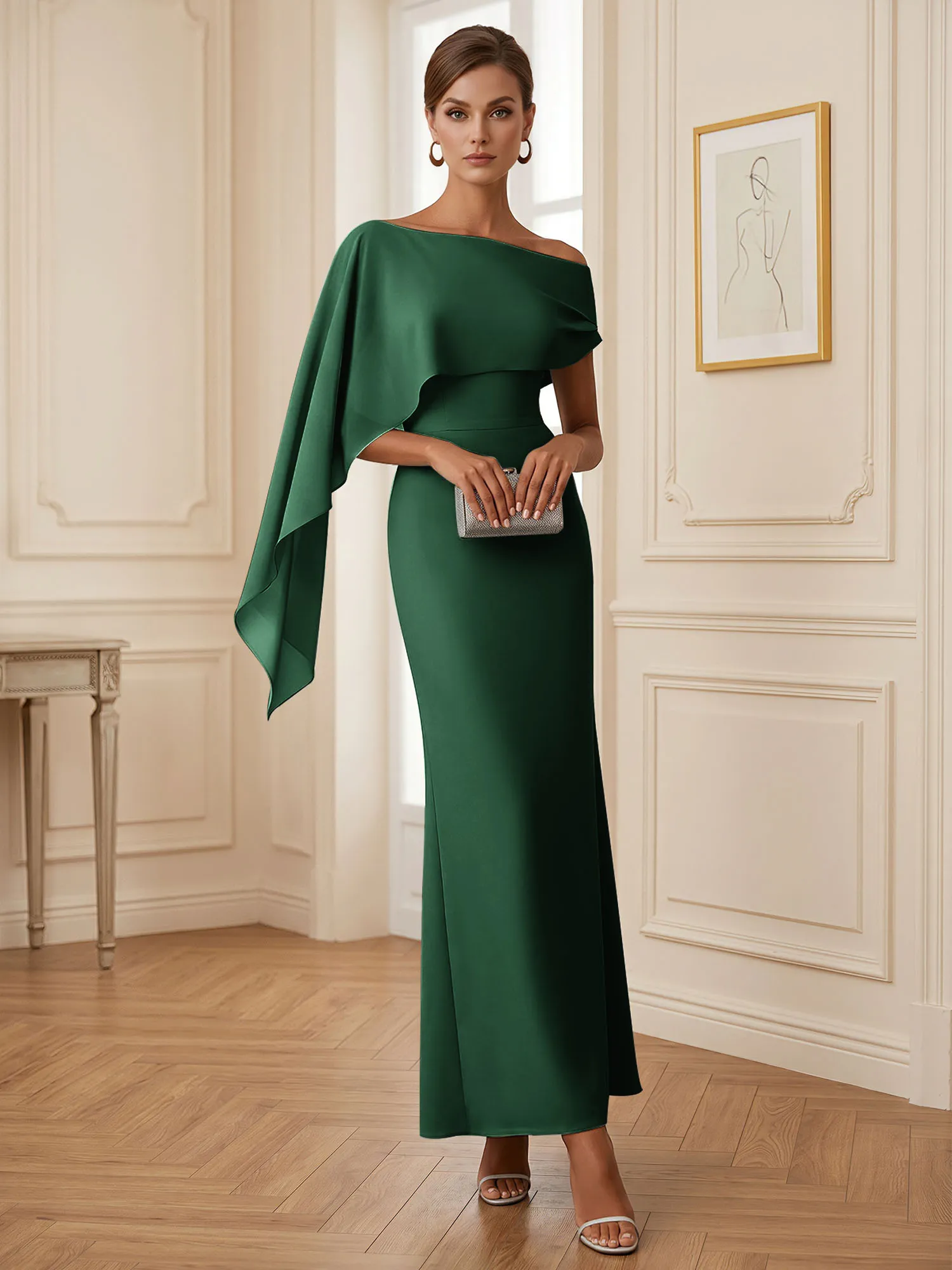 One-Shoulder Chiffon Overlay Mermaid Evening Gown