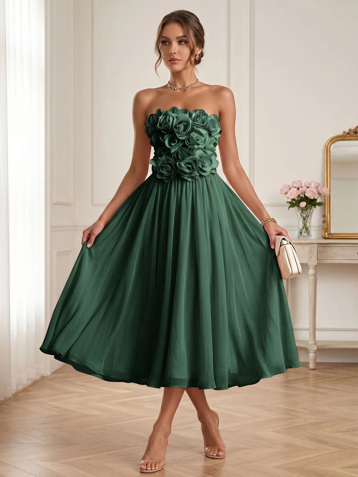 Strapless 3D Floral Chiffon A-Line Midi Formal Dress