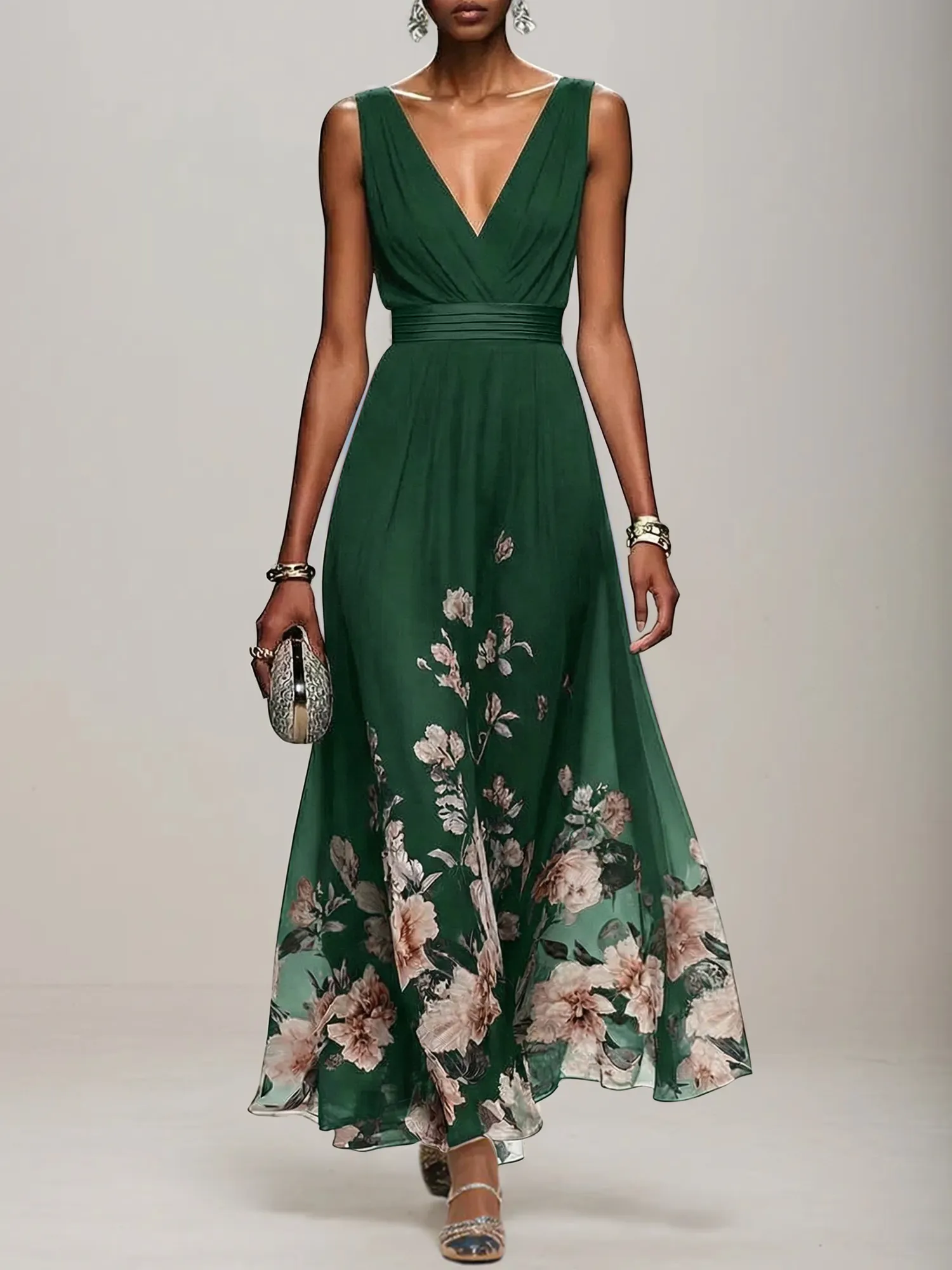 V-Neck Floral Print Chiffon Maxi Evening Dress with Satin Waist Bow