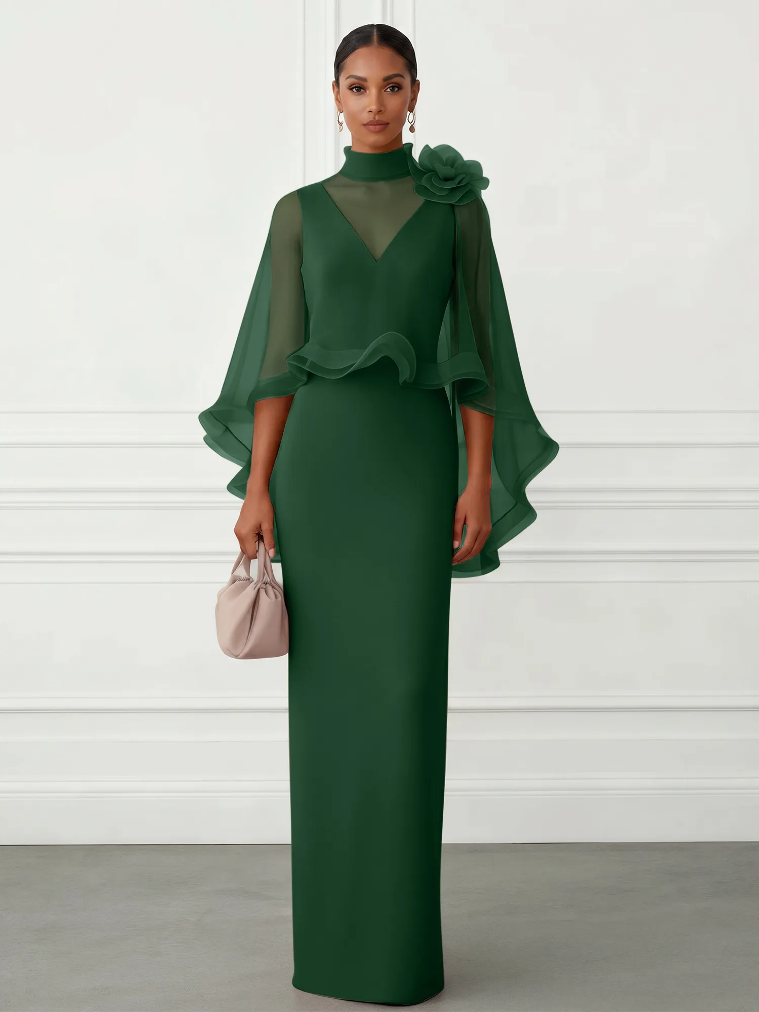 High-Neck Chiffon Cape Sleeve Sheath Evening Gown