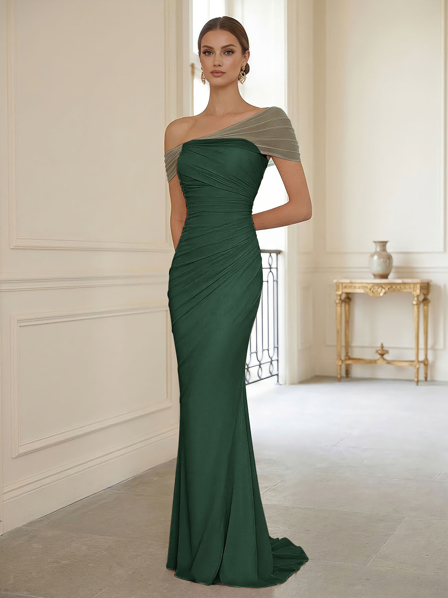 Sophisticated Blush Pink Asymmetrical Ruched Maxi Dress Evening Gown