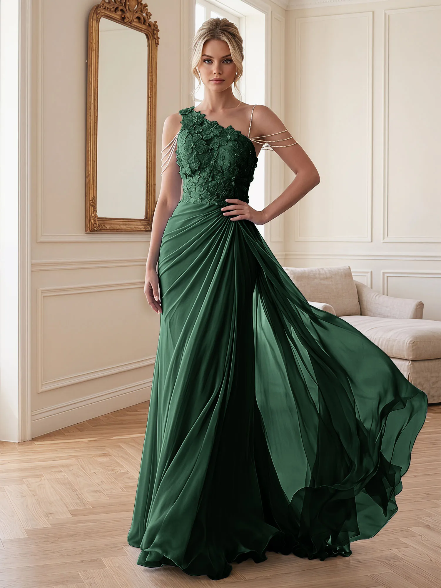 One-Shoulder Floral Lace Chiffon Evening Gown