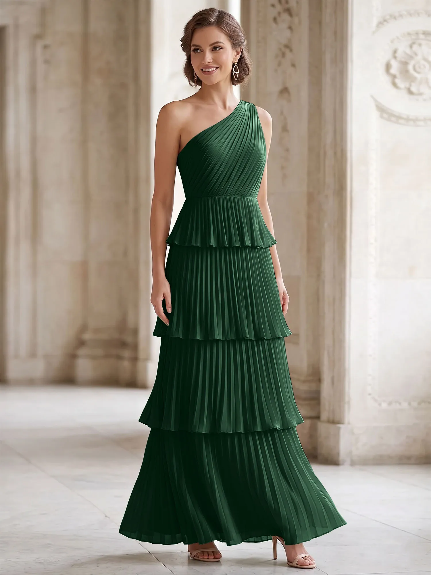 One-Shoulder Tiered Pleated Chiffon Evening Gown