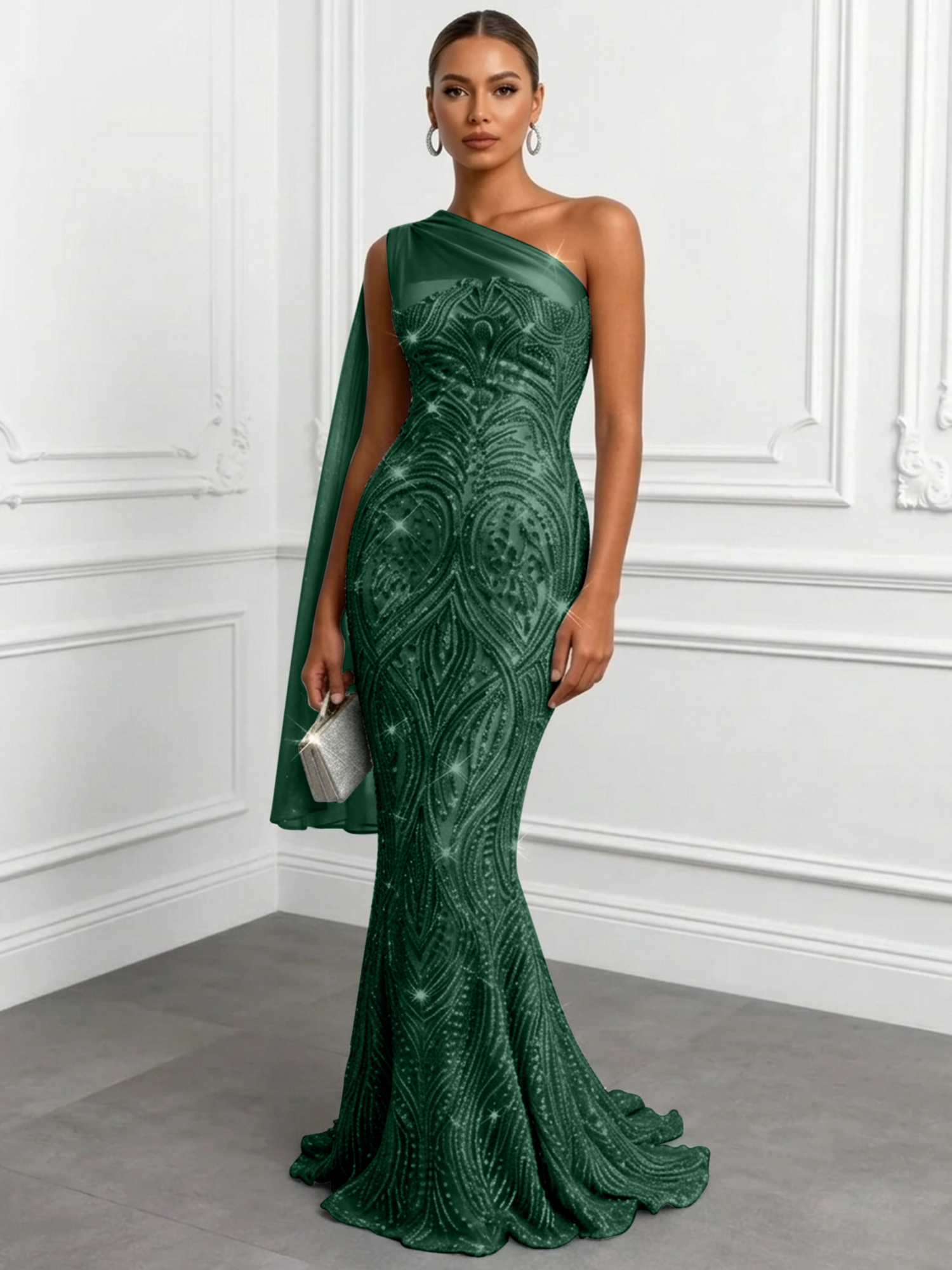 Shimmering Sage One-Shoulder Sequin Mermaid Evening Dress