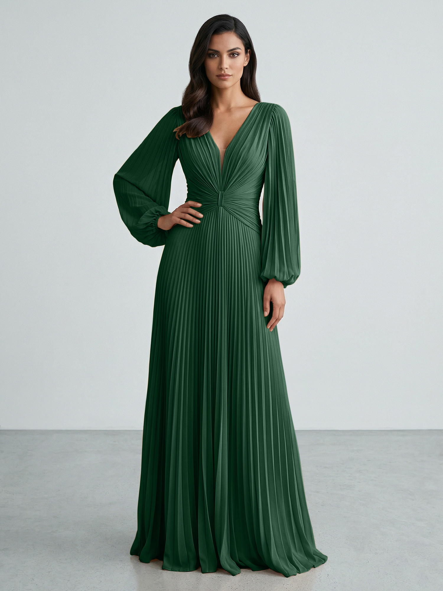 Slate Blue Plunging V-Neck Pleated Long Sleeve Maxi Dress Gown